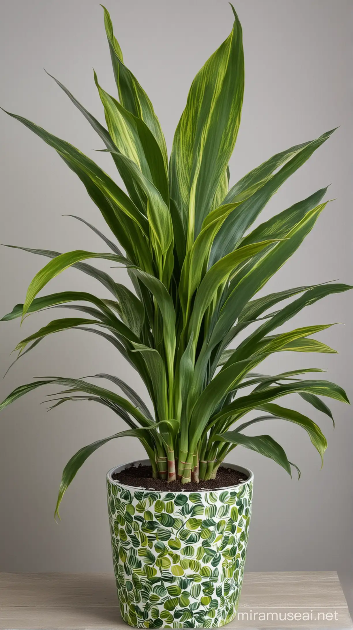  a lush snake plant gracefully growing in a beautifully decorated pot, bringing a touch of natural elegance to any room it inhabits. Describe the vibrant green leaves, the sturdy yet graceful posture of the plant, and the way it effortlessly brightens up its surroundings with its presence."