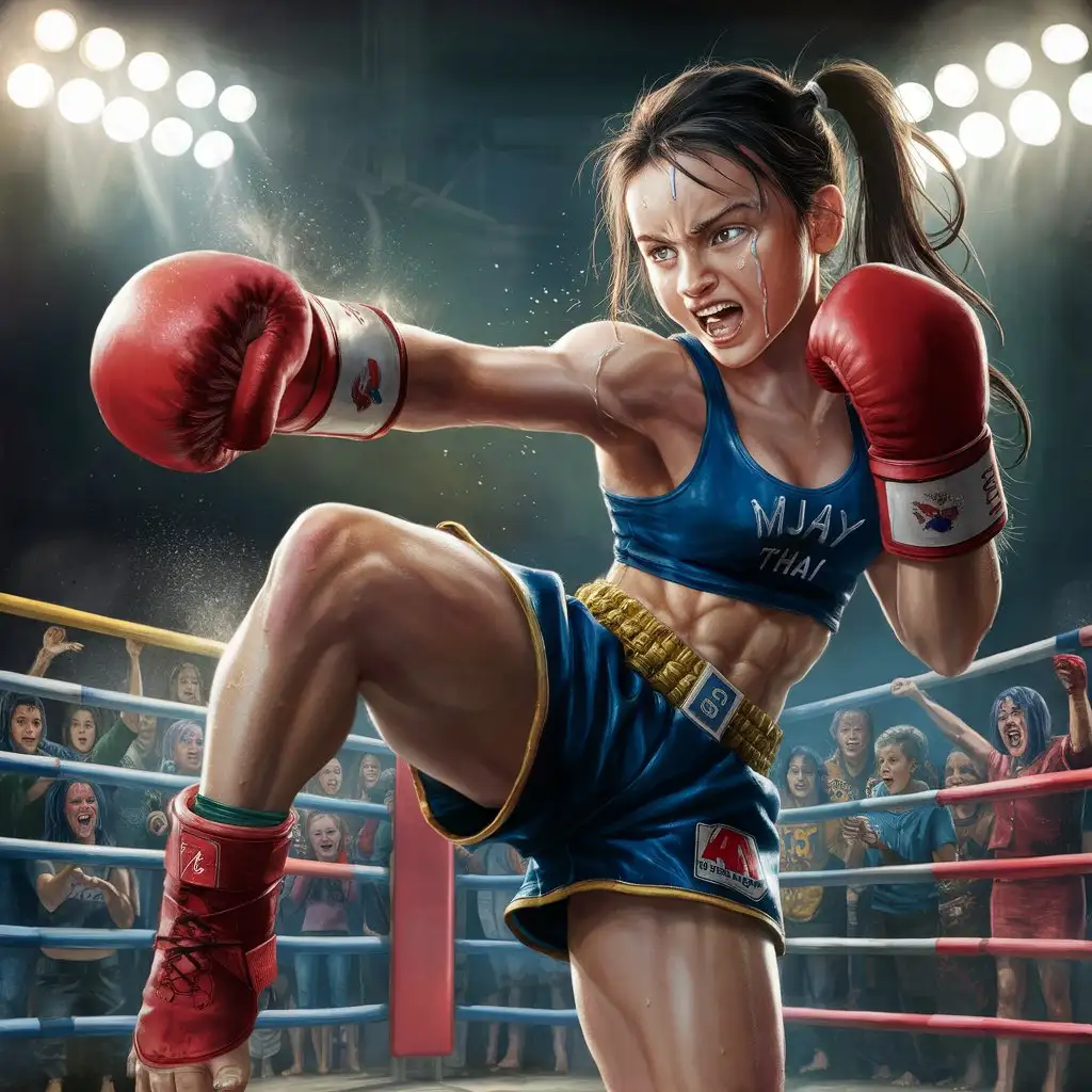 Muscular Teen Girl Muay Thai Fight Strength and Determination in Female Martial Arts