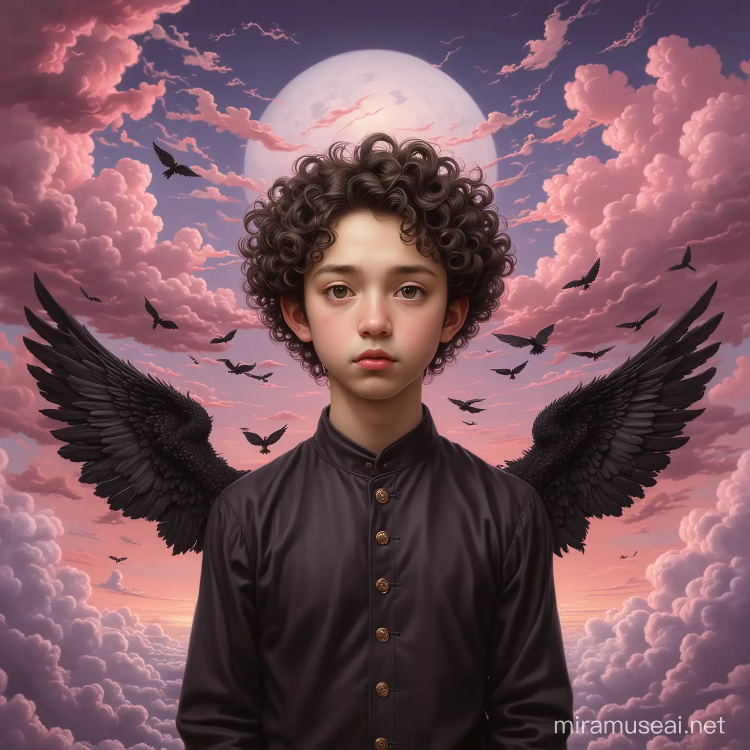 Young man, black clothes, curly hair, black wings, purple sky background with black clouds, pink, highly detailed Mark Ryden, Mark Ryden style, Mark Ryden style, Yoshitomo Nara, Mark Ryden style, inspired by Mark  Ryden, Japanese Pop Surrealism by Mark Ryden, Japanese Pop Surrealism, Art by Jana Brick, by Jason Trauka, Low Pop Surrealism