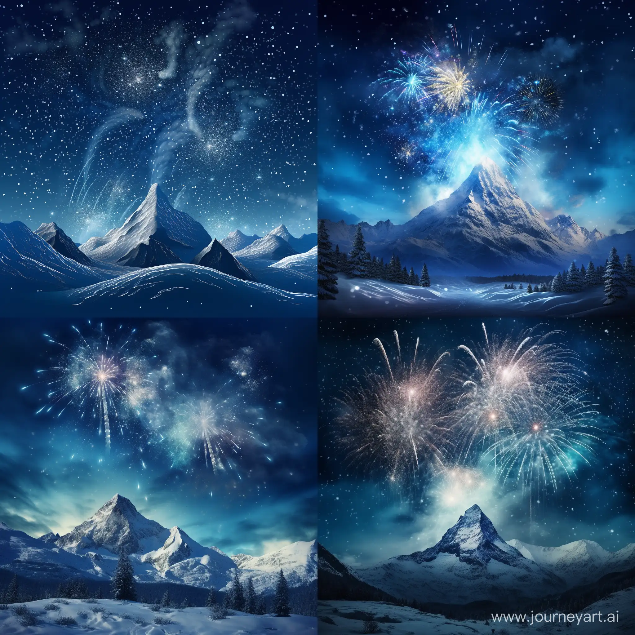 Spectacular-New-Years-Fireworks-Illuminate-SnowCovered-Mountain-in-Minimalistic-Realism