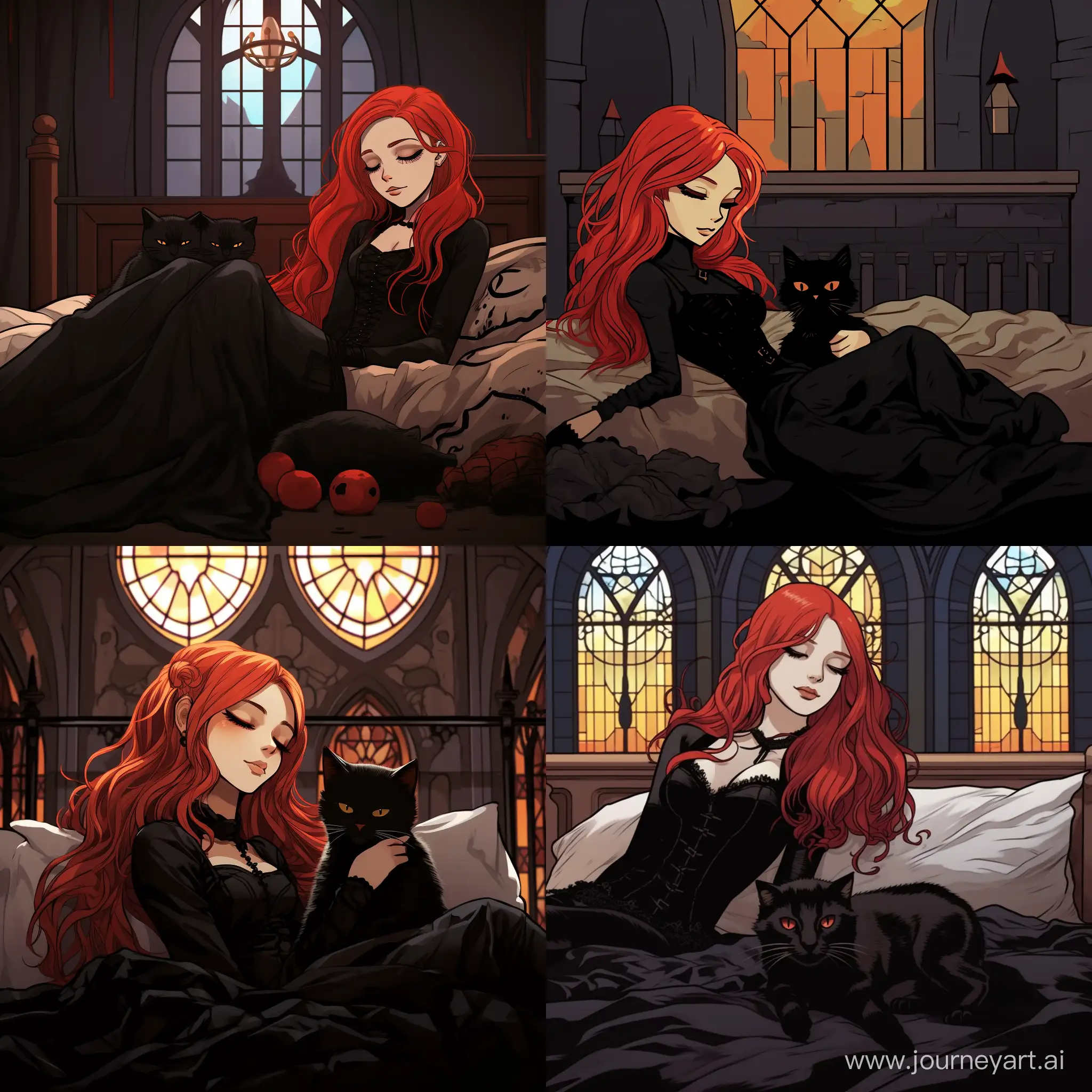 Enchanting-Slumber-RedHaired-Gothic-Girl-and-Cat-in-Dreamy-Reverie