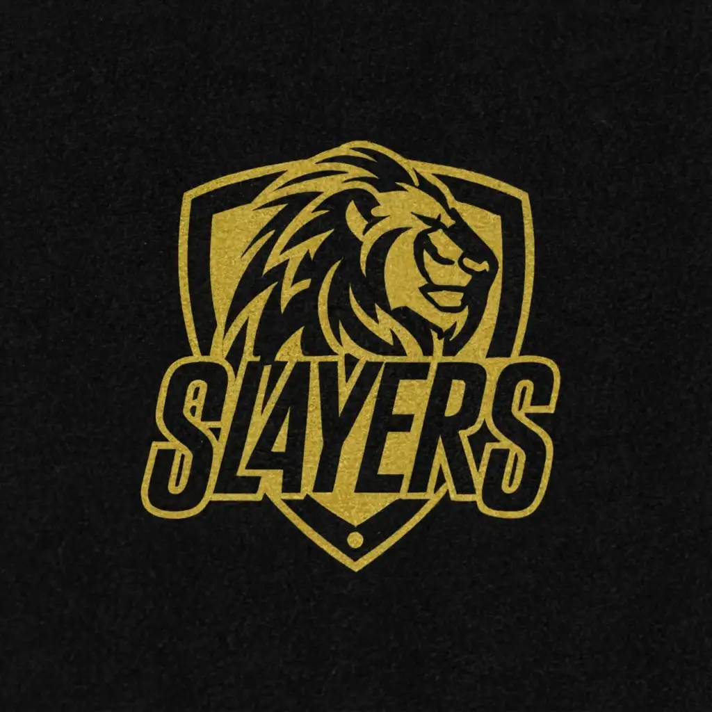 a logo design,with the text "slayers", main symbol:Represented by a lion symbolizing their strength and courage in battle.
Gold and black,Moderate,clear background
