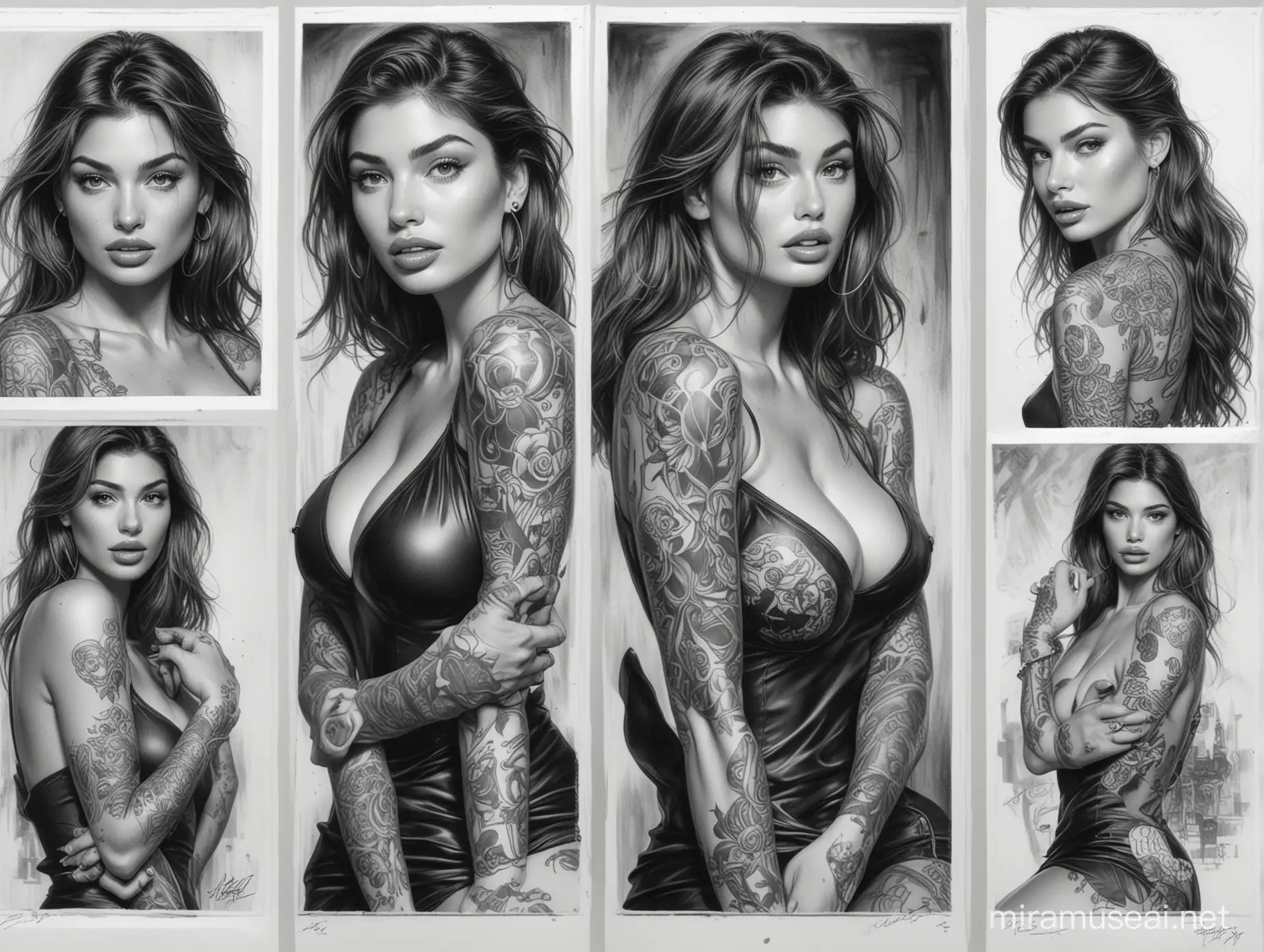 90's comic style, Black and White, Master pencil sketches, Storyboard sheet with various sketches, Portraits of a sexy brunette woman, Camila Morrone, Covered in tattoos, Tiny short black dress, Night time. White Background, White border. Zoom out view. Marvel comic style. High resolution.  High contrast.