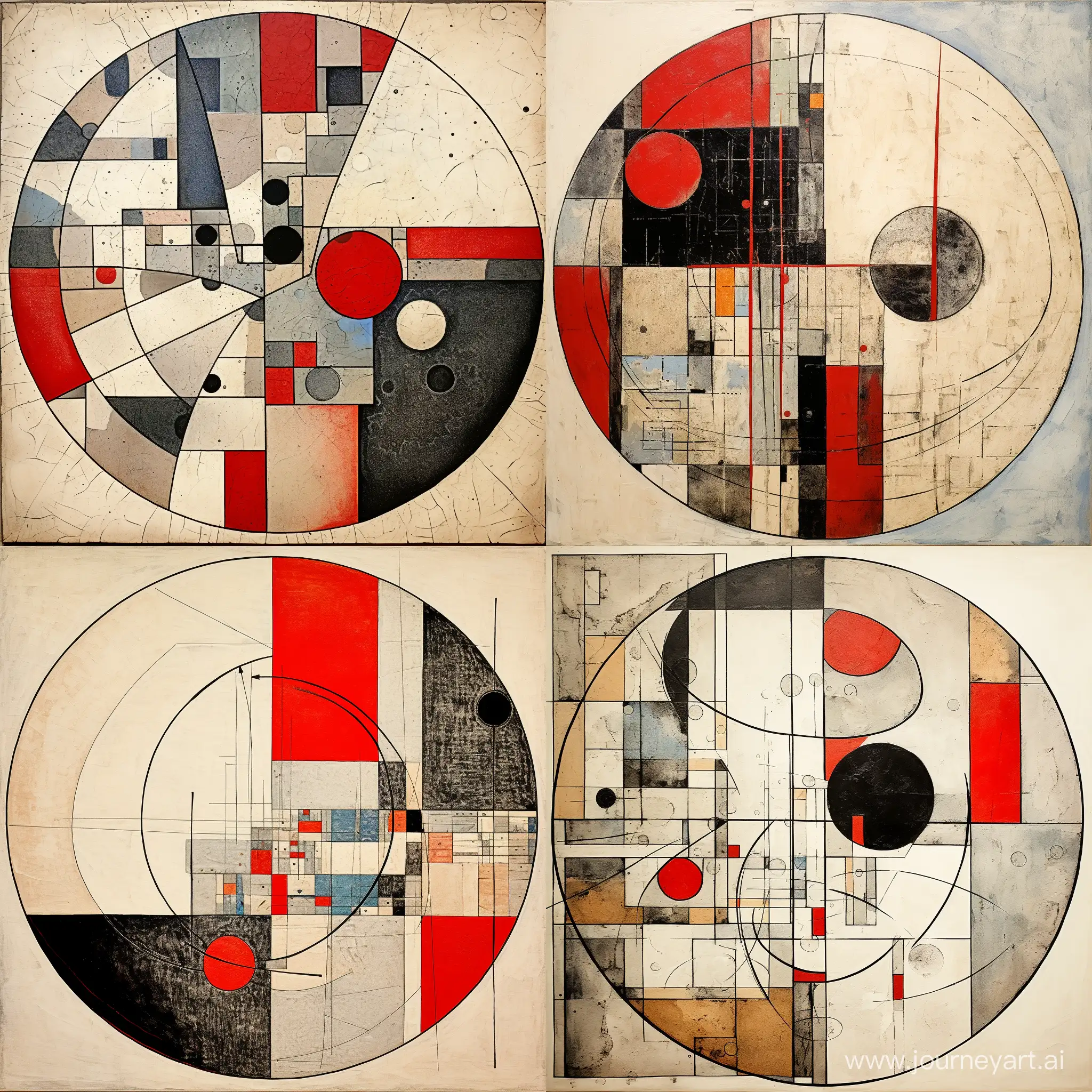 Suprematism-and-Cubism-Fusion-Abstract-Circular-Composition-in-Beige-Red-and-GrayBlue-Tones
