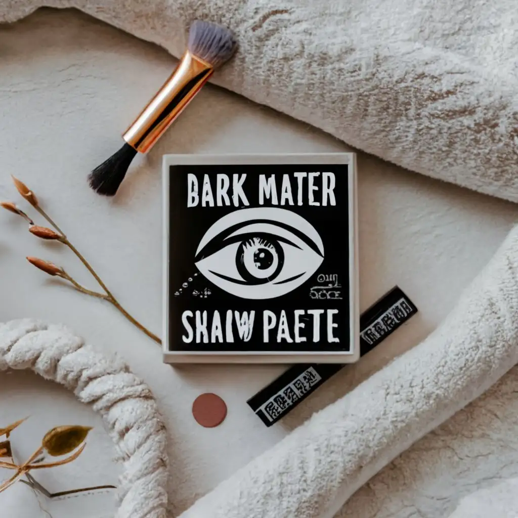 logo, a FEMININE mystical eye, on a square eyeshadow palette laying on a white surface with eyeshadow on the eye , the dark Matter Color Scheme palette has 6 colors which are , , , Resolution Blue, Cetacean Blue, and Rich Black, light purple, dark purple , with the text "Dark Matter Shadow Palette", typography, be used in Beauty Spa industry