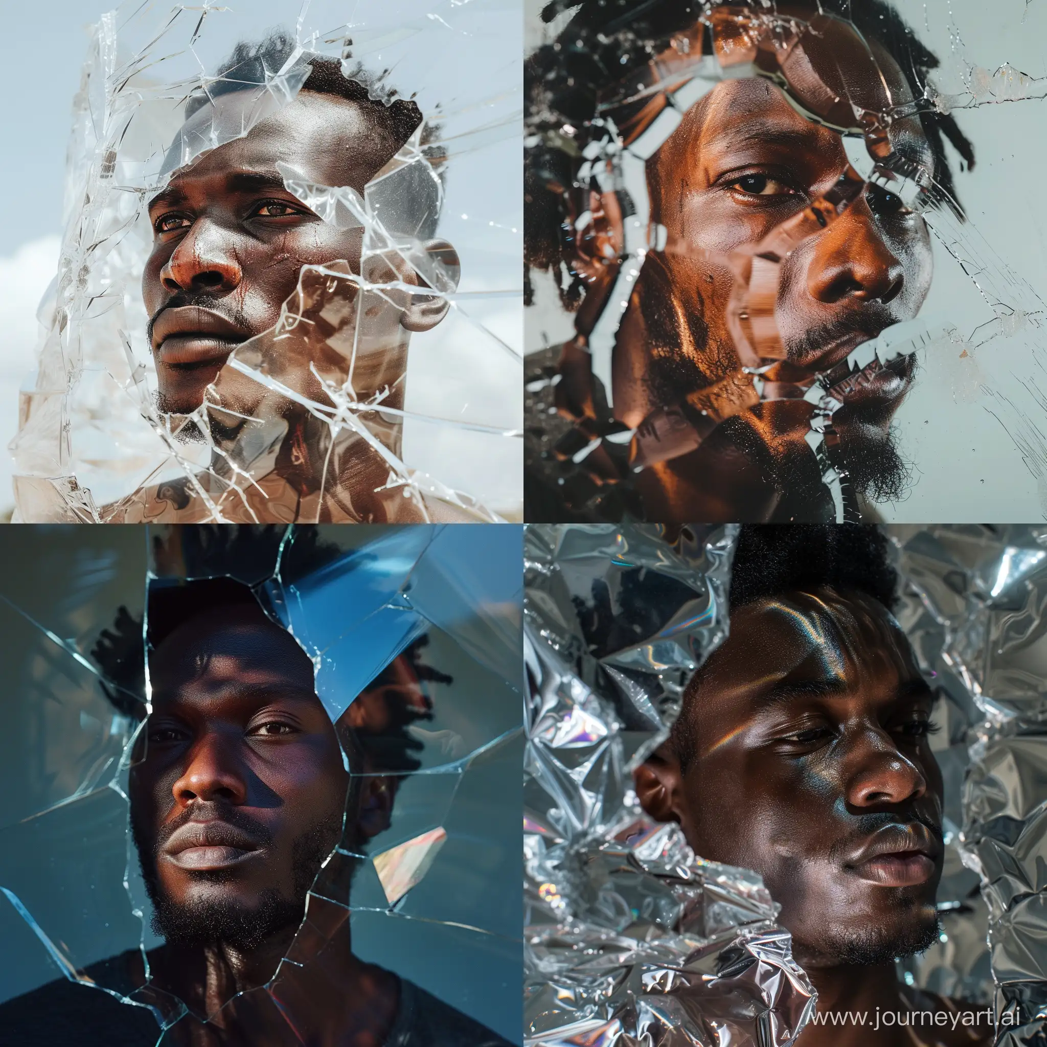 African man portrait begind a huge reflective glass

