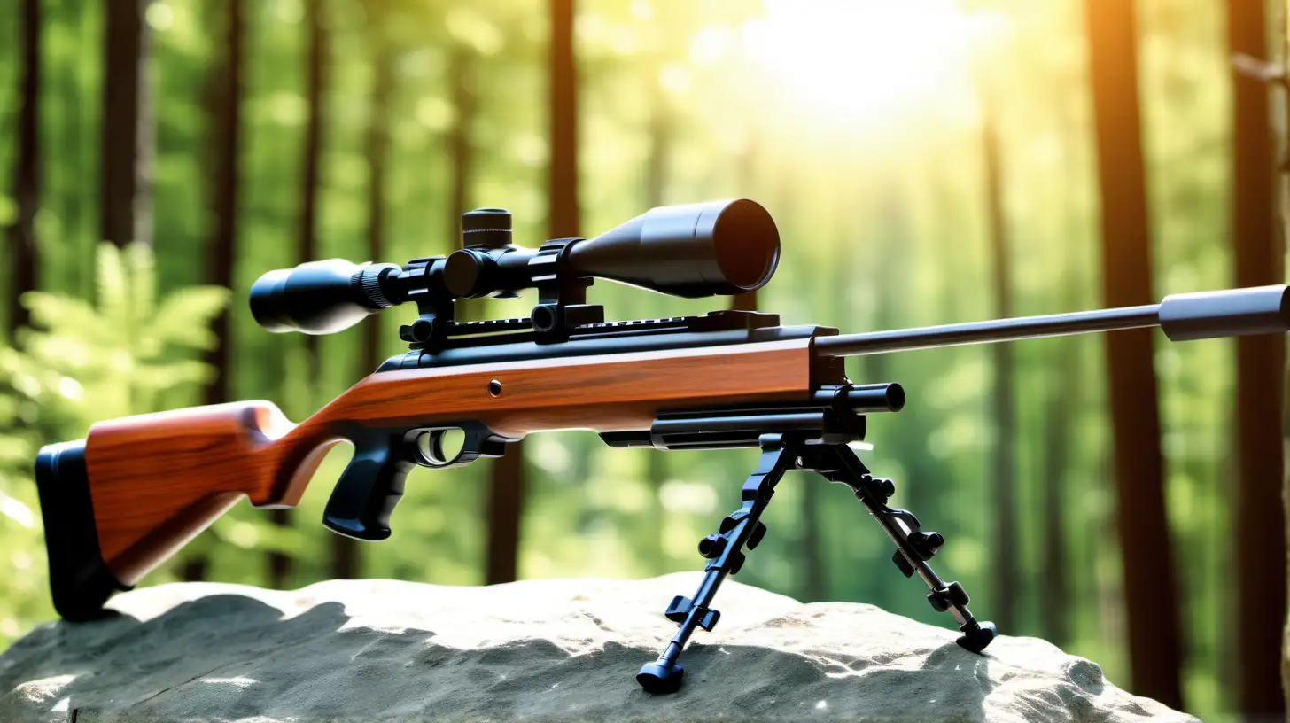 air rifle on rock in forest sunny and bright background