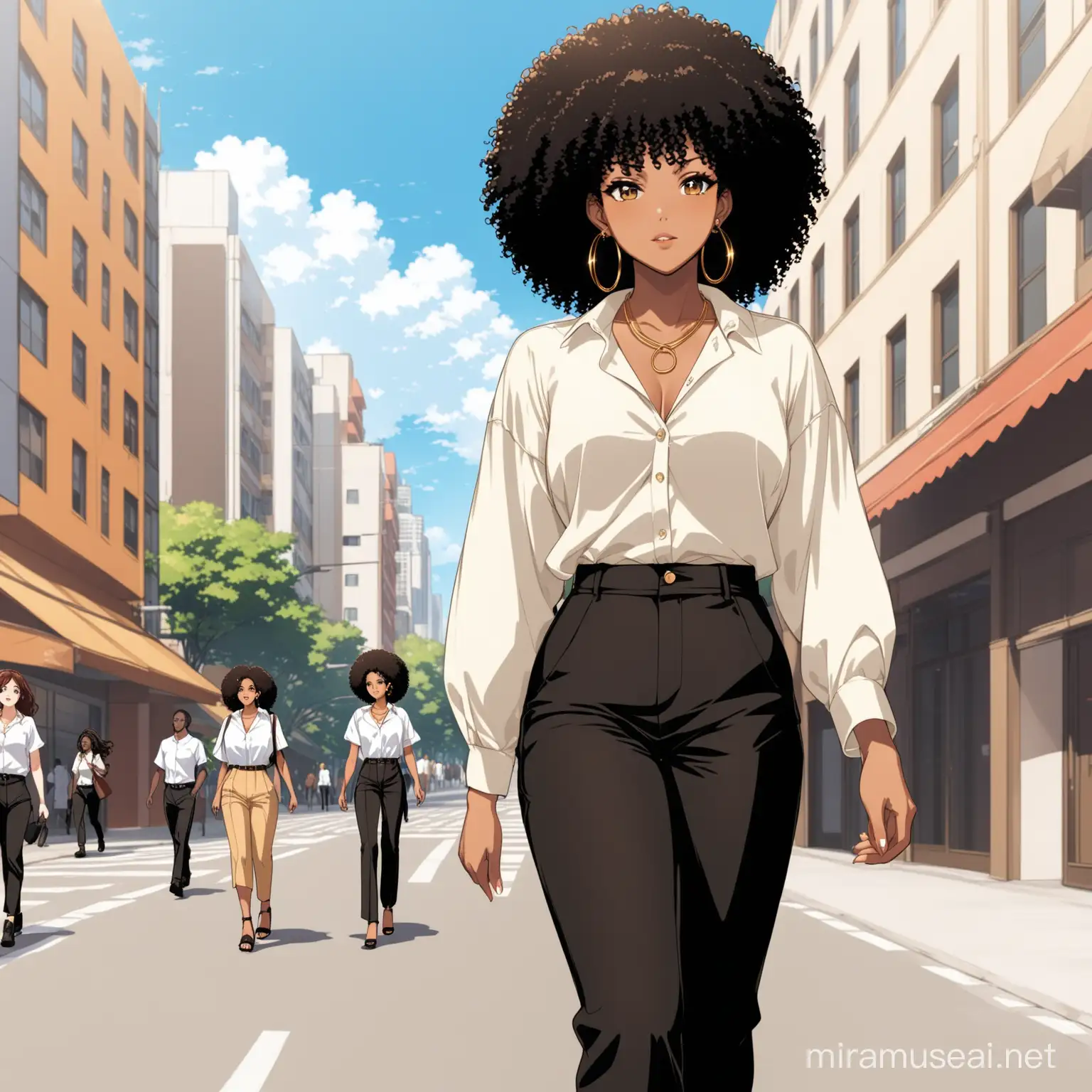 Anime, woman, black woman, kinky hair, afro hair, off-white button-up shirt tucked into high-rise black pants, gold necklace, small gold loop earrings, in town, walking in town
