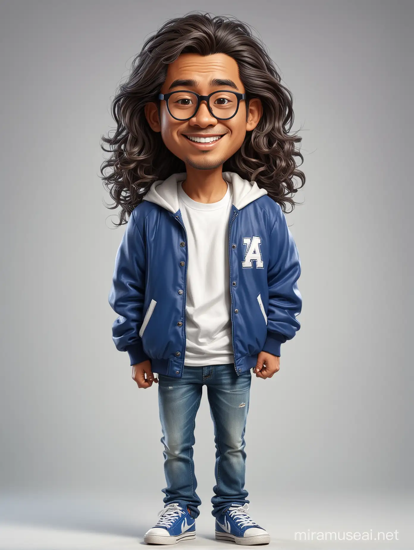 Full body A caricature of an indonesian man wearing blue varsity jacket, white t-shirt, big head, glasses, very long wavy hair, Front view happy pose