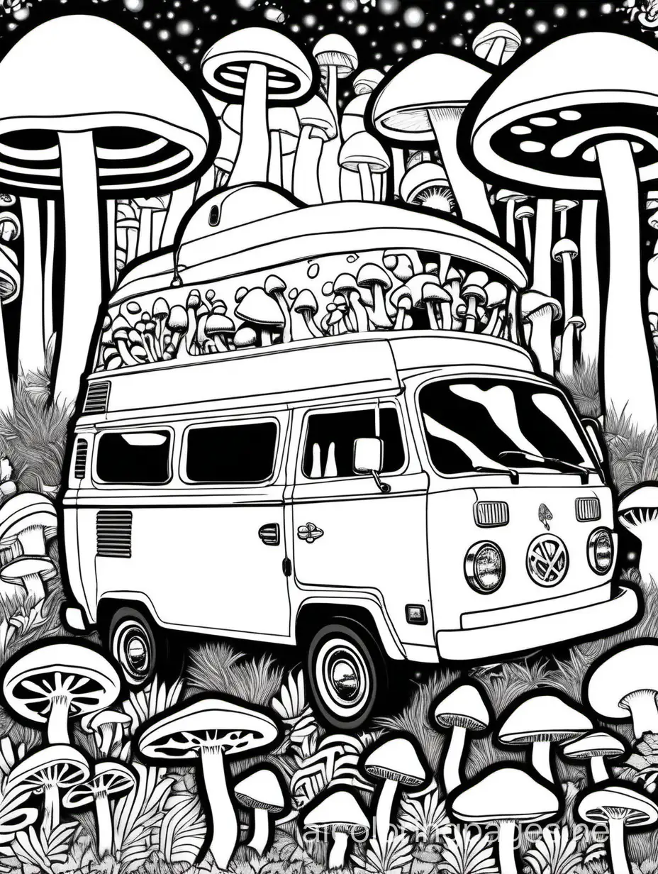 lisa frank art style, campervan, forest of mushrooms, psychedelic, 1960s style

, Coloring Page, black and white, line art, white background, Simplicity, Ample White Space. The background of the coloring page is plain white to make it easy for young children to color within the lines. The outlines of all the subjects are easy to distinguish, making it simple for kids to color without too much difficulty