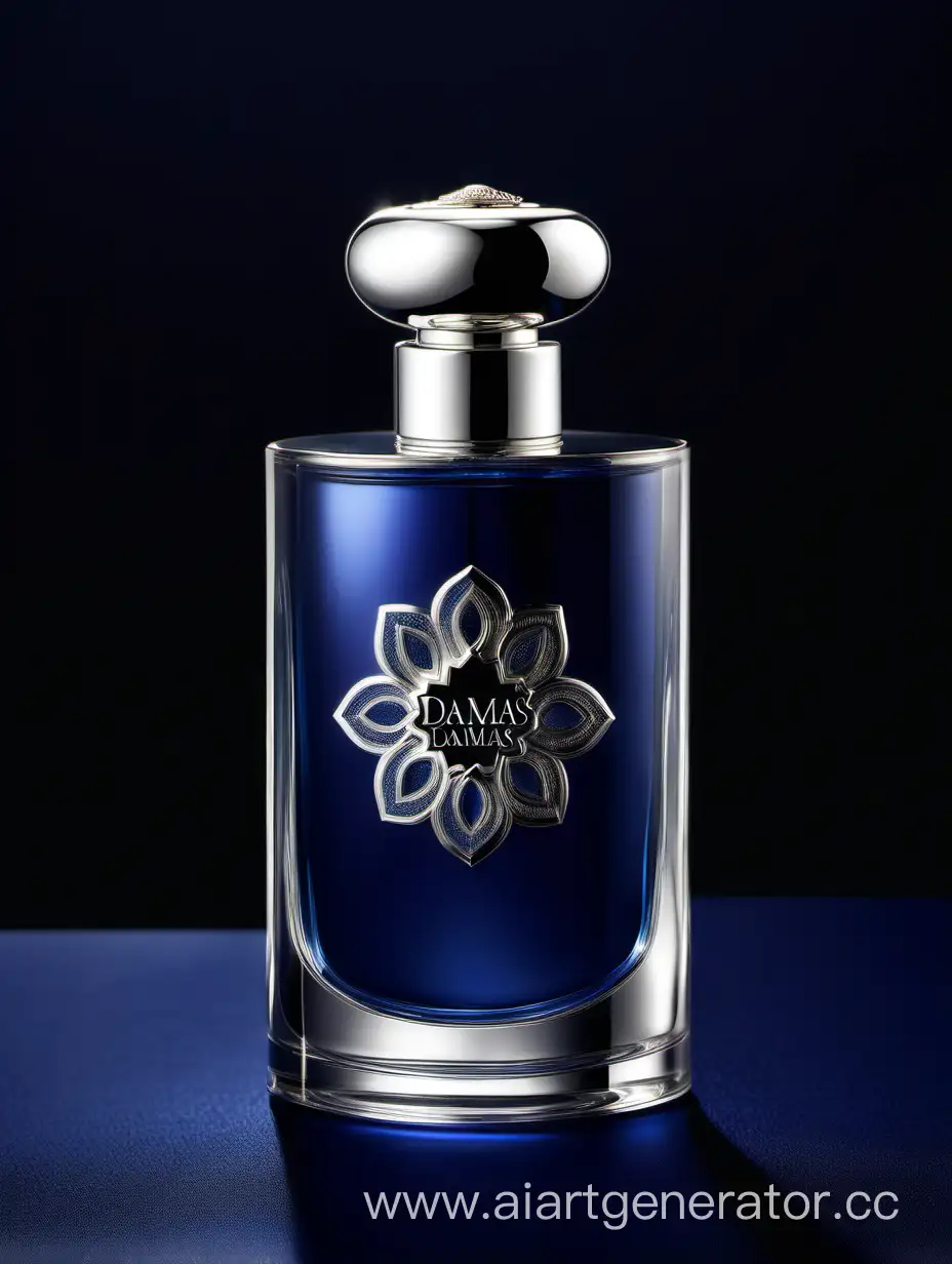 A luxurious (((silver and dark matt blue perfume))), textured crafted with intricate 3D details reflecting light around a ((black background)), with a elegant ((Damas text logo))