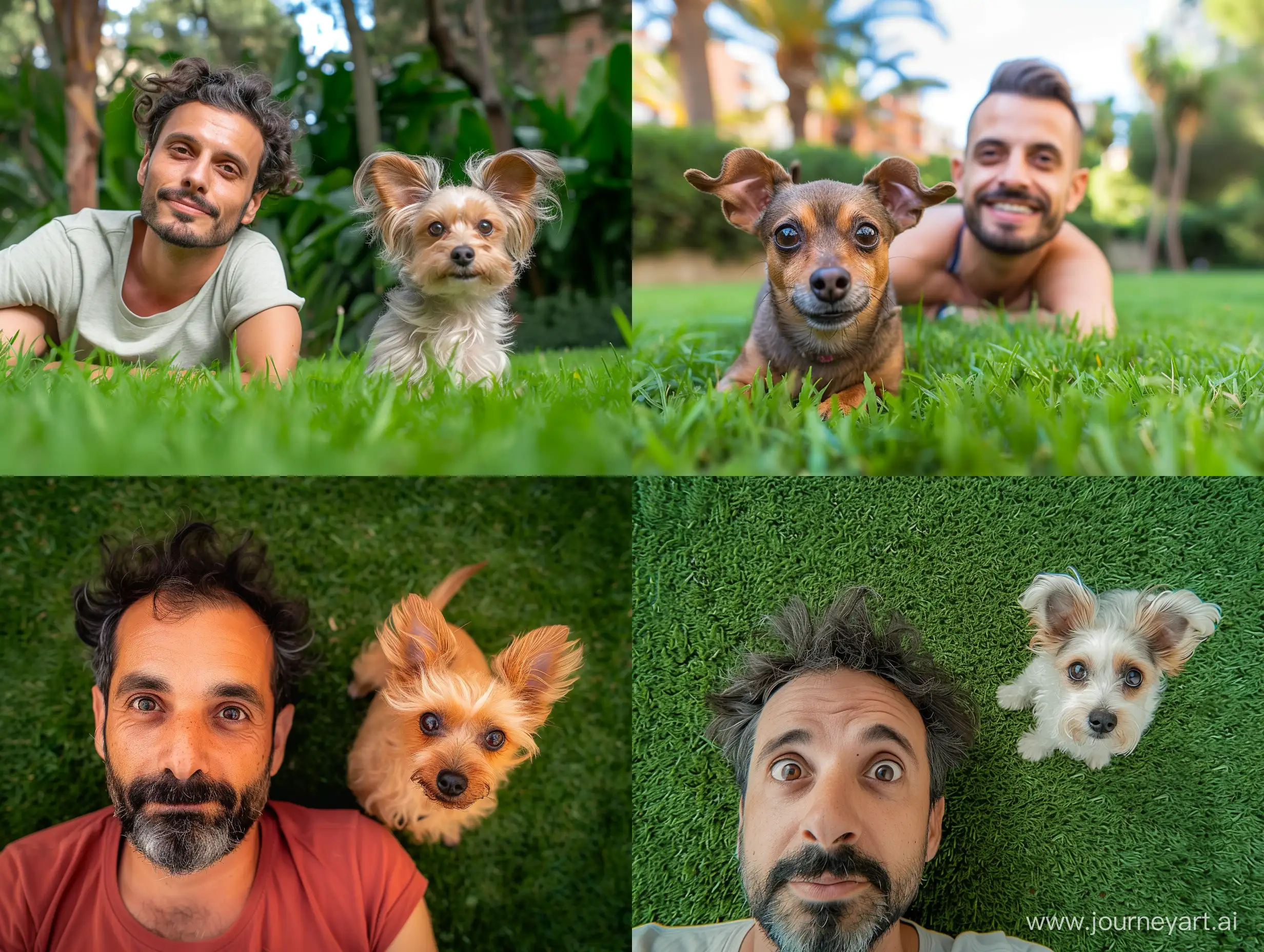 Spanish-Man-Enjoying-Leisure-Time-with-His-Adorable-Dog-on-Vibrant-Green-Lawn-in-Barcelona