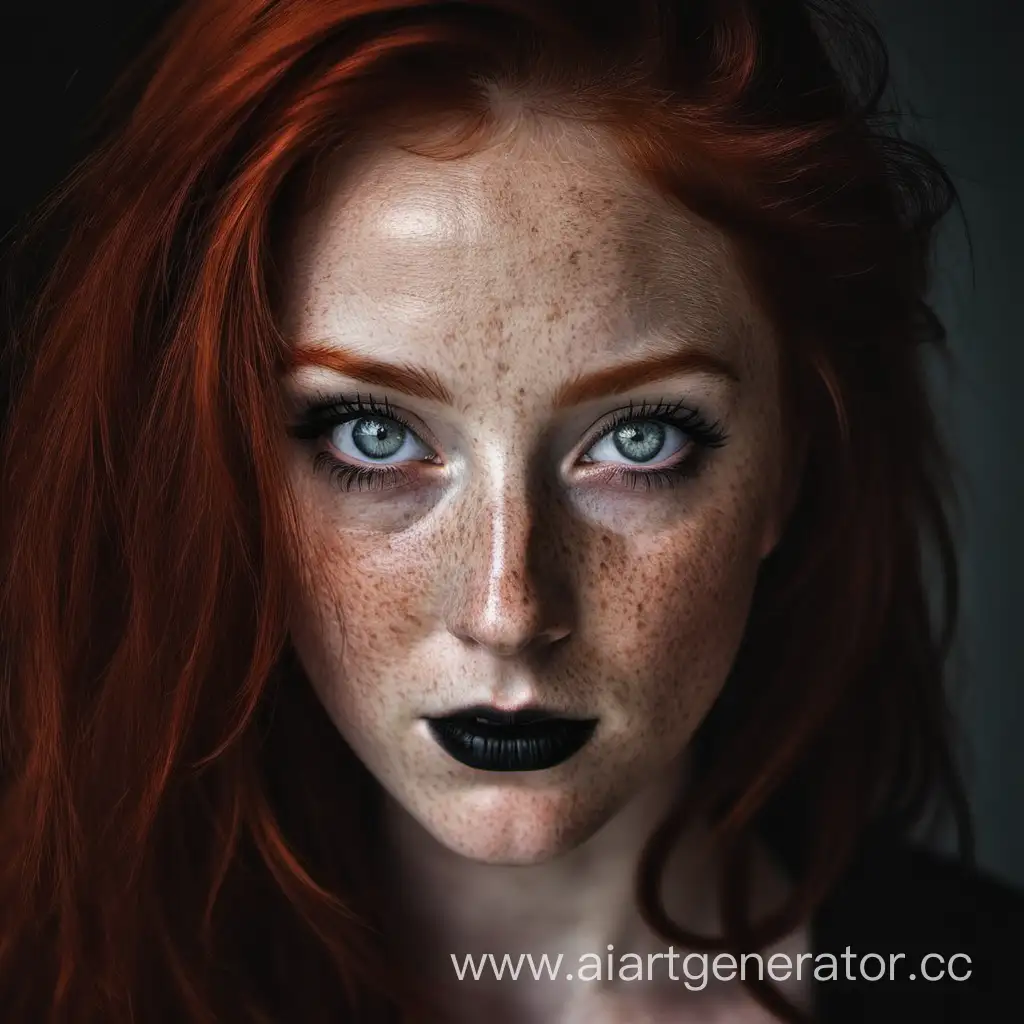 Woman, redhair, gray eyes, freckles, dark makeup