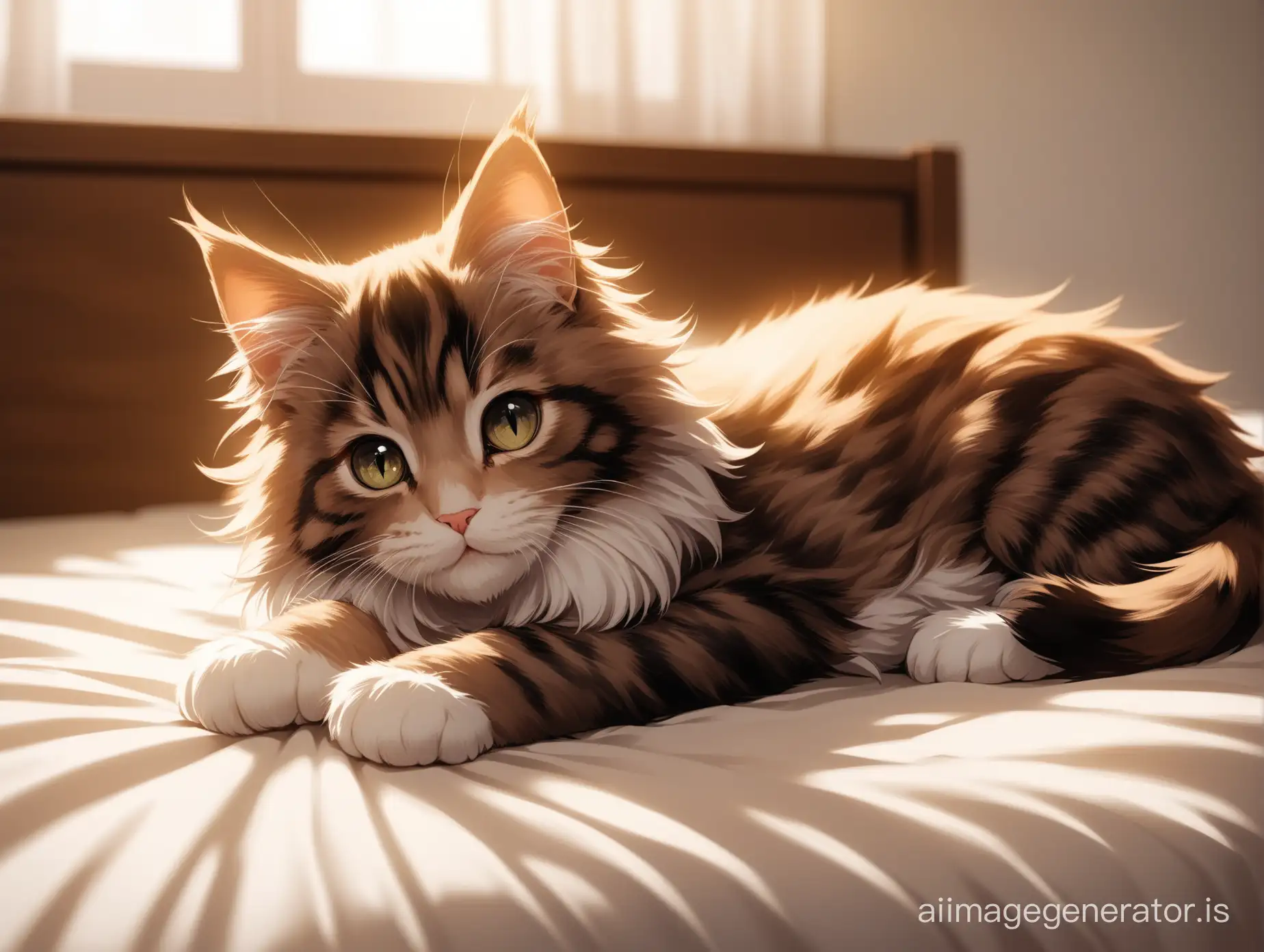 Cuddly-Maine-Coon-Kitten-Relaxing-with-White-Rose-on-Bed-UHD-Studio-Portrait