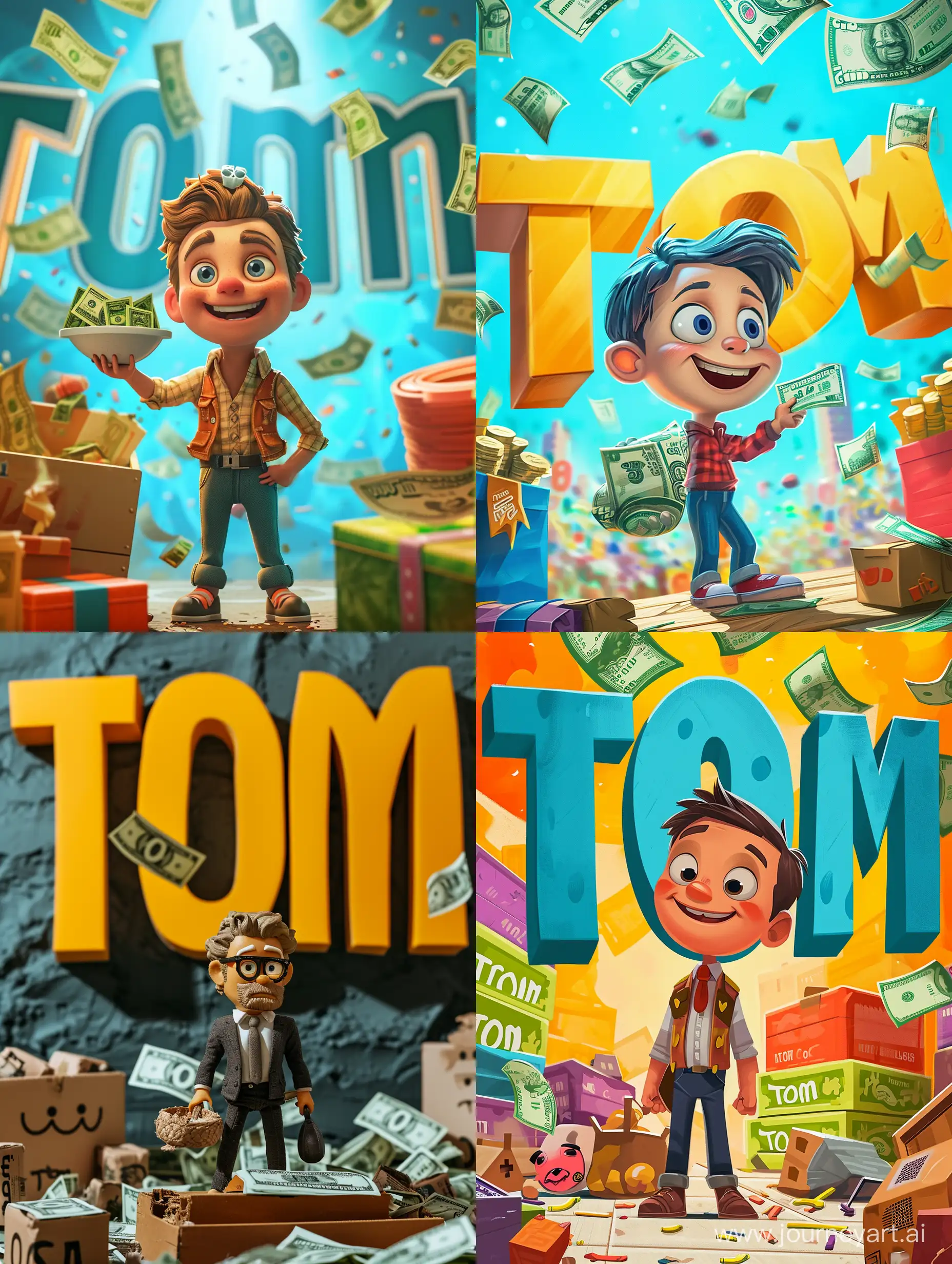 Картинка с персонажем, продавец, много денег, фон большие буквы "Tom"