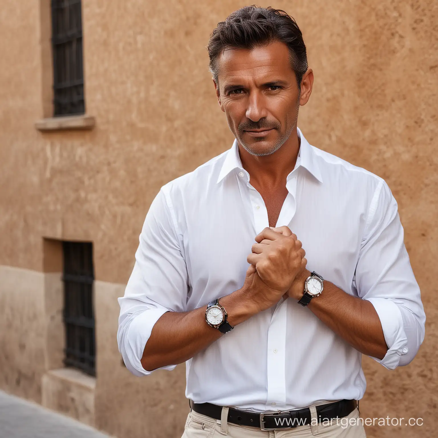 man, Spanish, over forty, tanned, handsome, white shirt, expensive watch.