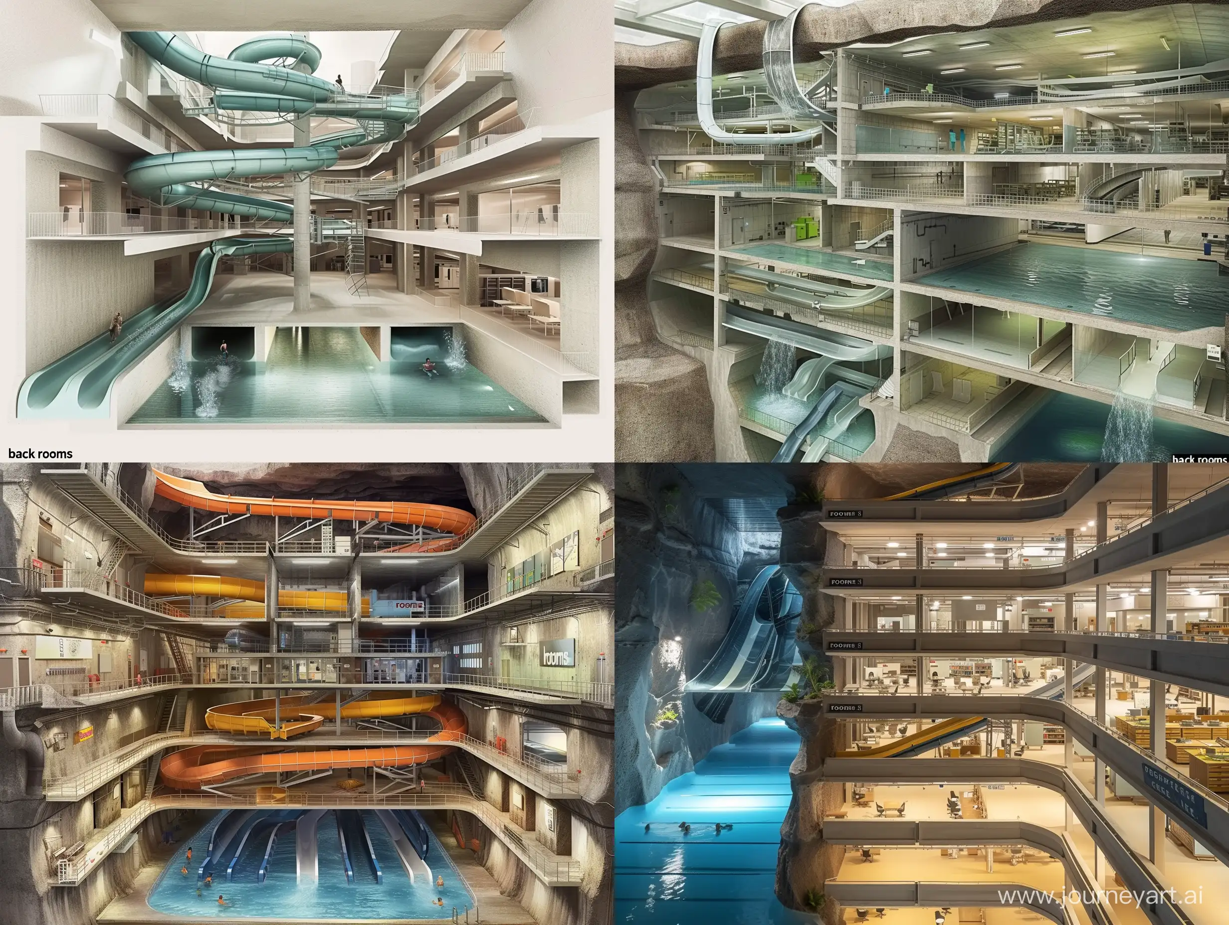 a cutaway view of a vast underground network of starkly empty offices, hallways, water slides, liminal pools, the  “back rooms”, each level is a different theme