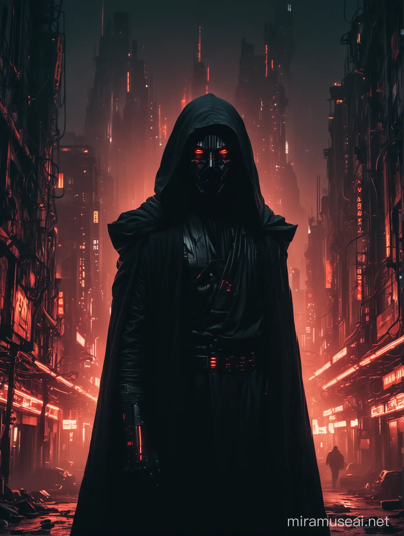 Visual Description:
A close-up portrait captures the menacing visage of a Sith Lord, bathed in the eerie glow of neon lights against the backdrop of a dystopian cityscape. The Sith's features are shrouded in darkness, save for the piercing red glow of their eyes, which emanate a palpable aura of malevolence and power. Wisps of dark energy swirl around them, hinting at the depths of their connection to the dark side of the Force.

Foreground:
The Sith's face is framed by the jagged silhouette of industrial architecture, casting stark shadows across their angular features. Veins of neon light trace the contours of their hooded cloak, lending an otherworldly quality to their presence.

Background:
Behind the Sith, the dystopian city sprawls endlessly, its skyline dominated by towering skyscrapers and twisting alleyways. The city is shrouded in perpetual darkness, illuminated only by the flickering glow of neon signs and the distant hum of machinery. Smoke billows from unseen sources, obscuring the horizon and adding to the oppressive atmosphere.

Atmosphere:
The scene exudes the gritty, noir-inspired aesthetics of a dystopian metropolis, where corruption and decay reign supreme. Against this backdrop of urban decay, the Sith Lord stands as a formidable figure, embodying the darkest aspects of power and ambition. In this city of shadows, their presence looms large, casting a long and foreboding shadow over all who dare to defy them.






