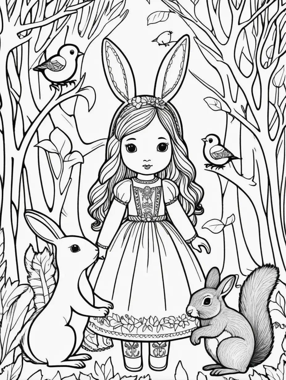 Enchanted Forest Encounter Waldorf Doll with Squirrel Rabbit and Bird Coloring Page