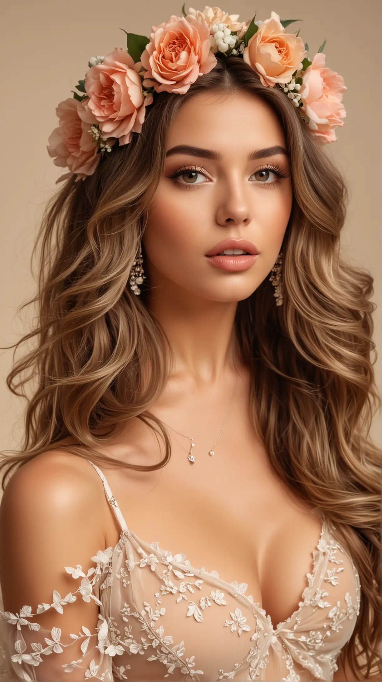 photoshoot with beige background of beautiful woman, dressed nicely with sheer blouse, nice jewelry, beautiful big nude lips, makeup, long  balayage wavy hair, with captivating eyes and a passionate expression, holding a big bouquet of flowers to her chest, wearing flower crown, ultra-realistic