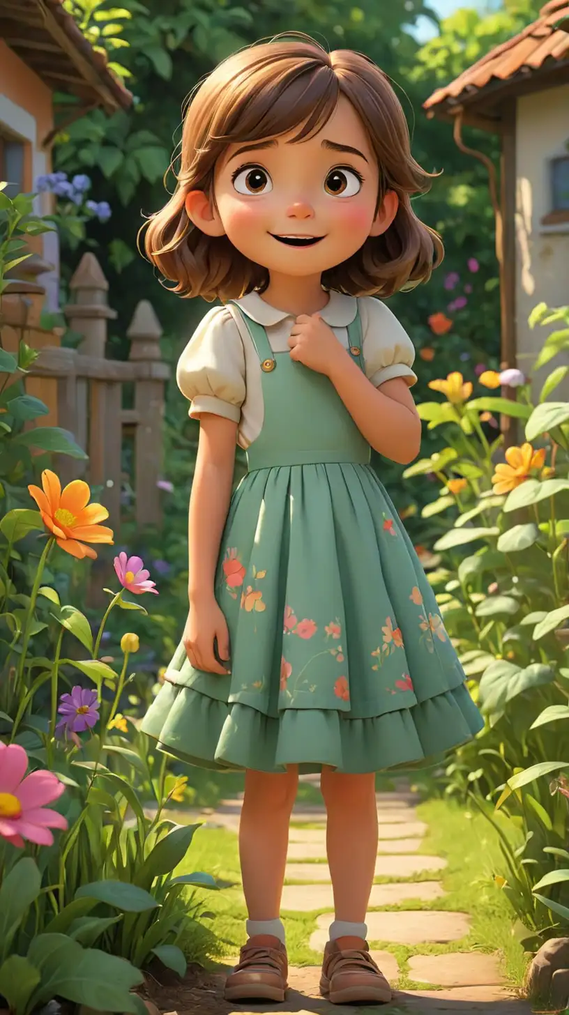 Create a 3D illustrator of an animated scene where a shy and innocent little girl is standing happily in the garden. Beautiful and colourful background illustrations.
