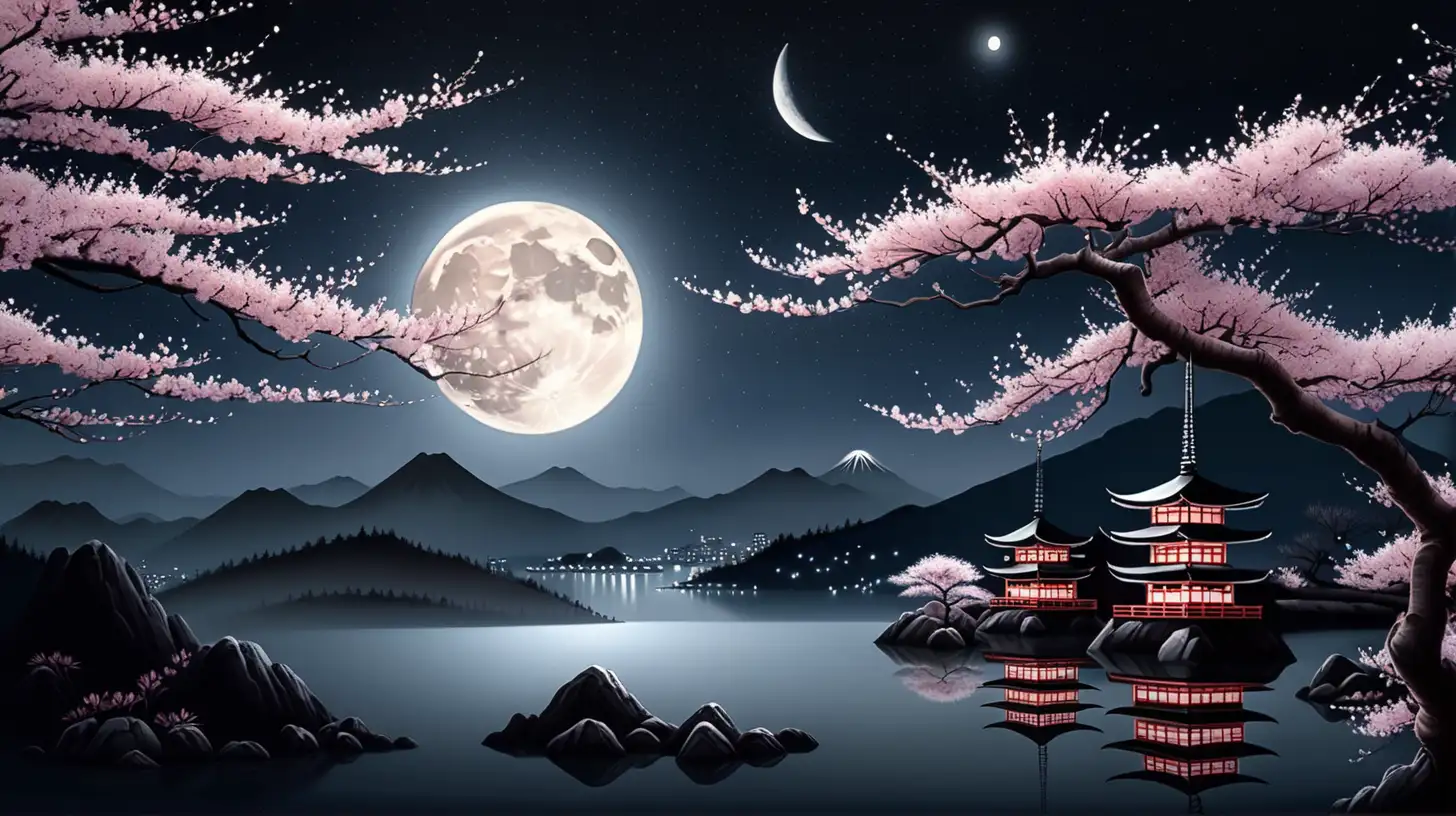 Realistic Japanese Style Night Landscape with Cherry Blossoms