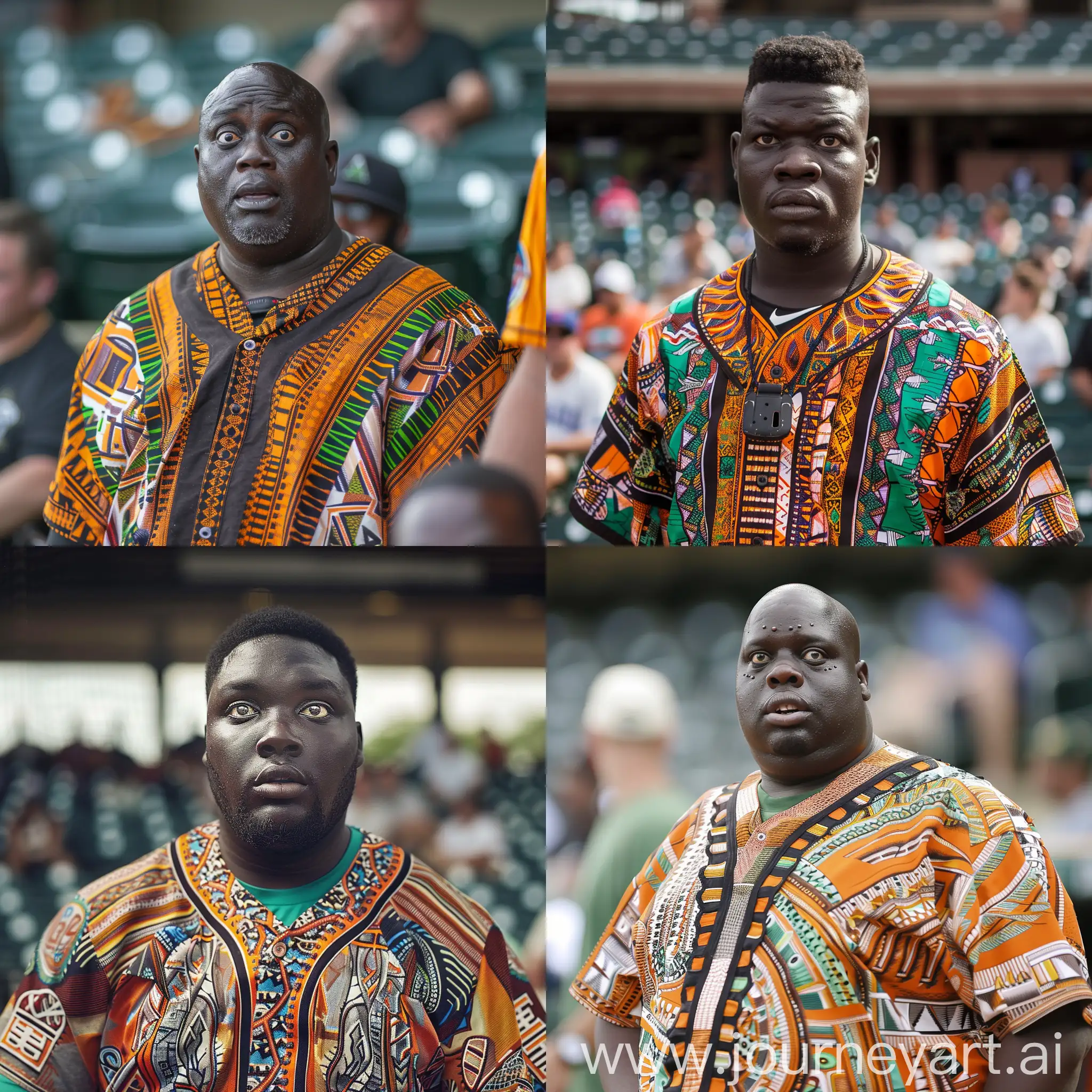 black history teacher at baseball game with really small eyes and large build. wearing an african traditional shirt