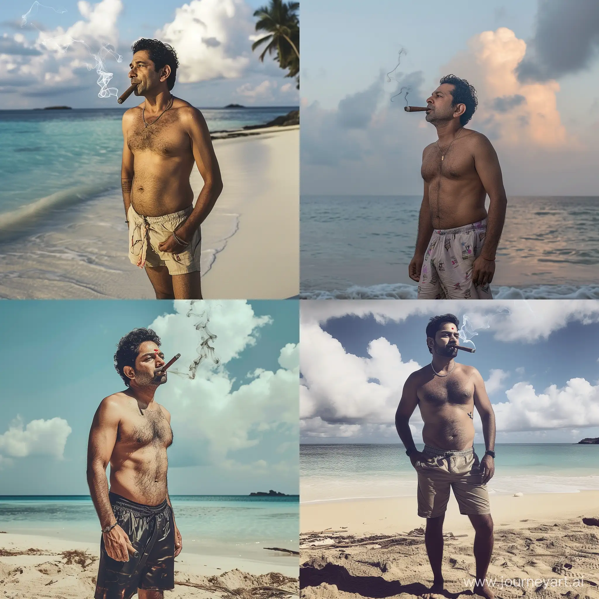 Sachin tendulakar standing on a beach wearing shorts smoking cigar