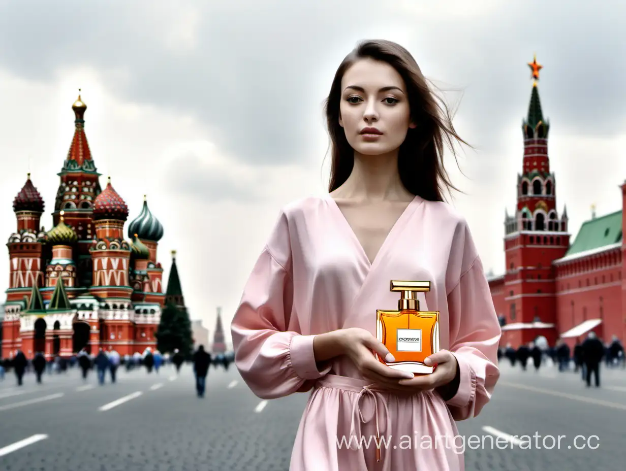 сгенерируй картинку, на которой человек стоит в москве с новым парфюмом