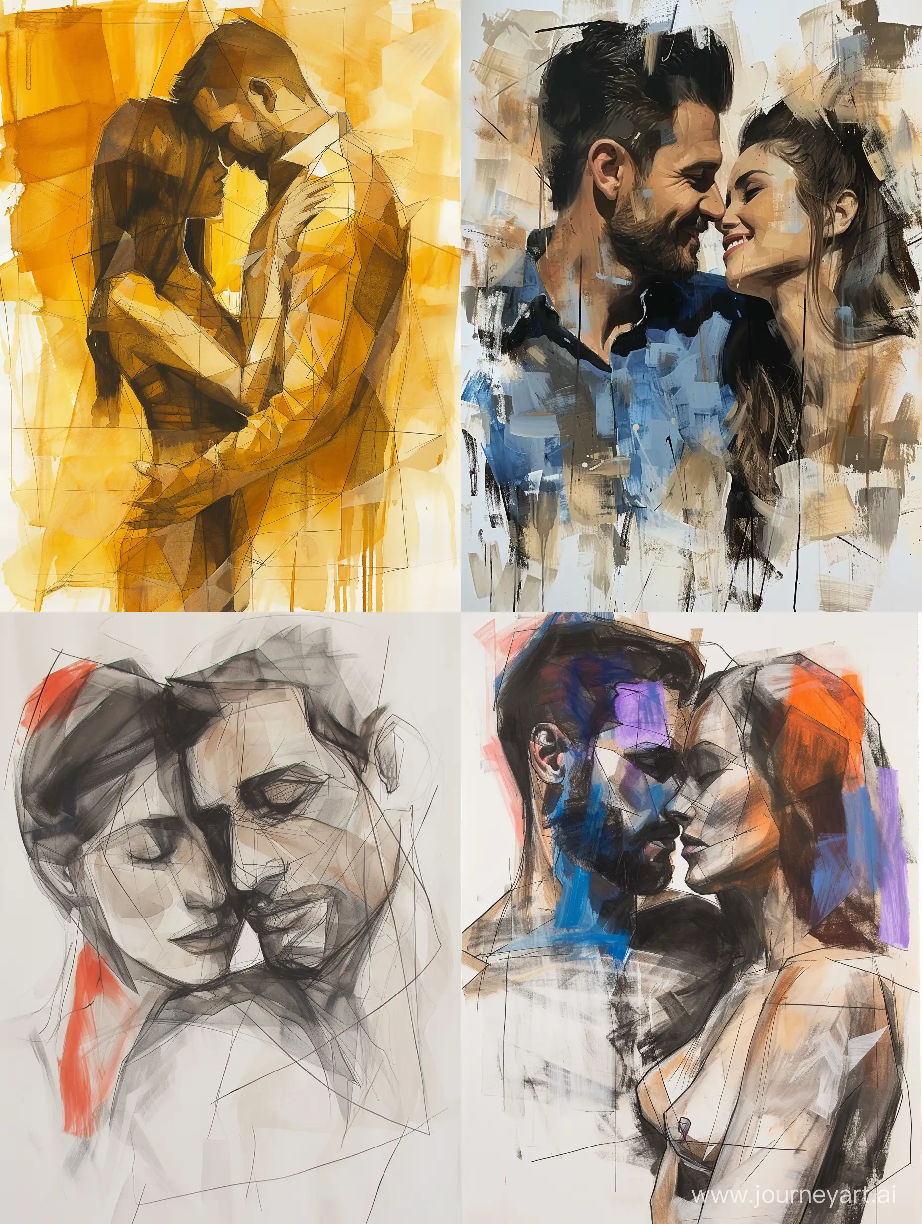 abstract geometric full-length love sketches of man and beautiful woman, tons of acrylic