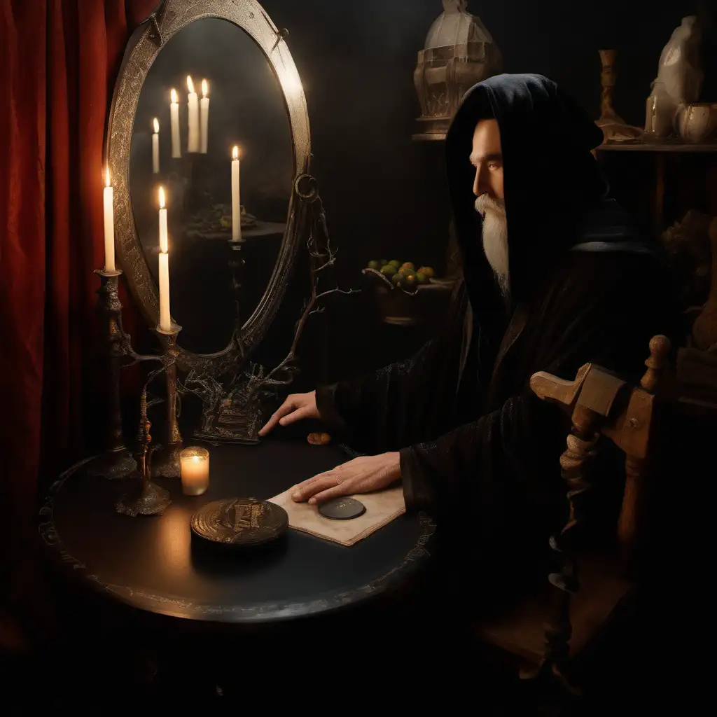  the sorcerers   is facing away, he is sitting at  the table, he is dressed in a black robe , he has long silver hair & a beard, he is magical, there is a round mirror on the table