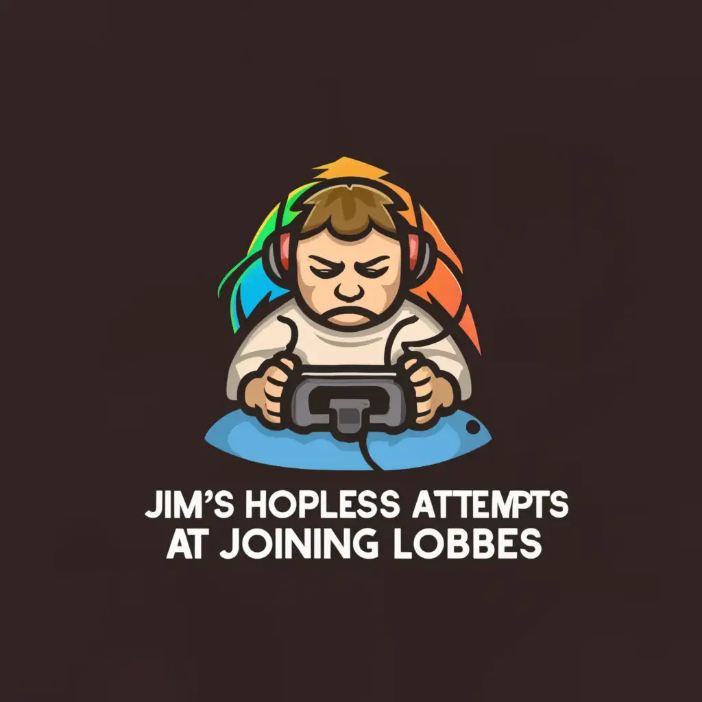 a logo design,with the text "Jim's hopeless attempts at joining lobbies", main symbol:a very depressed man named jim,Moderate,be used in Technology industry,clear background