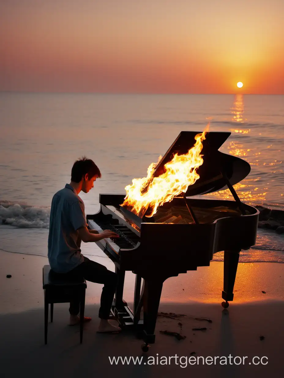 человек играет на пианино в огне, на берегу моря, закат
