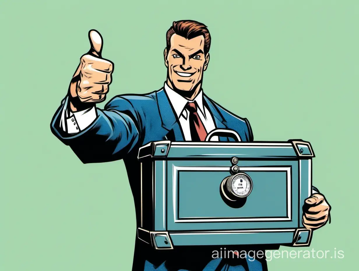 The lawyer securely holds the safe in his hands and gives a big thumbs up, comic book style.
