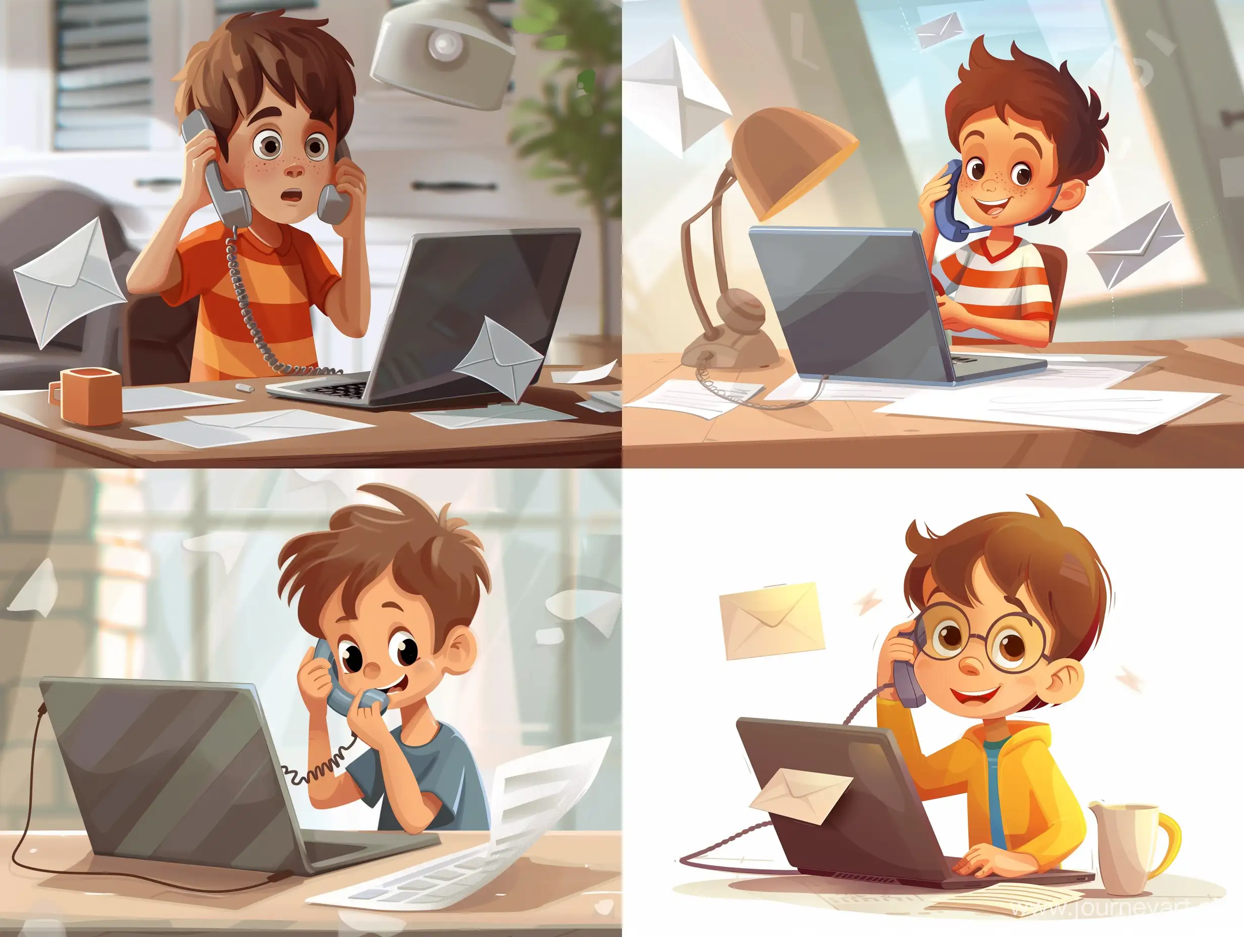 a cartoon hyper realistic boy sitting on a laptop sending emails and cold calling on the phone