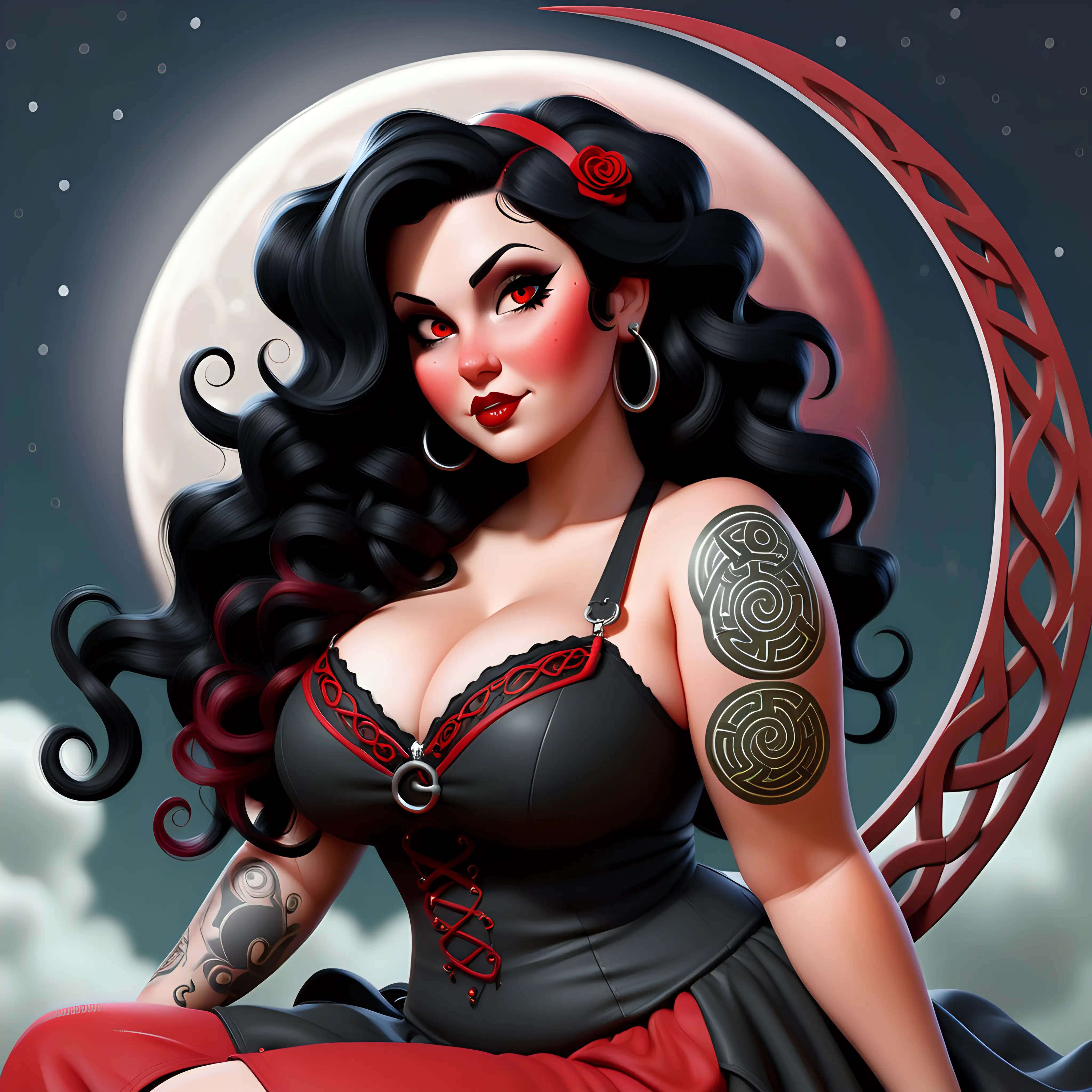 A female long, wavy black hair with red highlights. Brown eyes, small pixie like nose. Very curvy plus size body. Rockabilly style. Sitting on a cresent moon with Celtic symbols on it. 