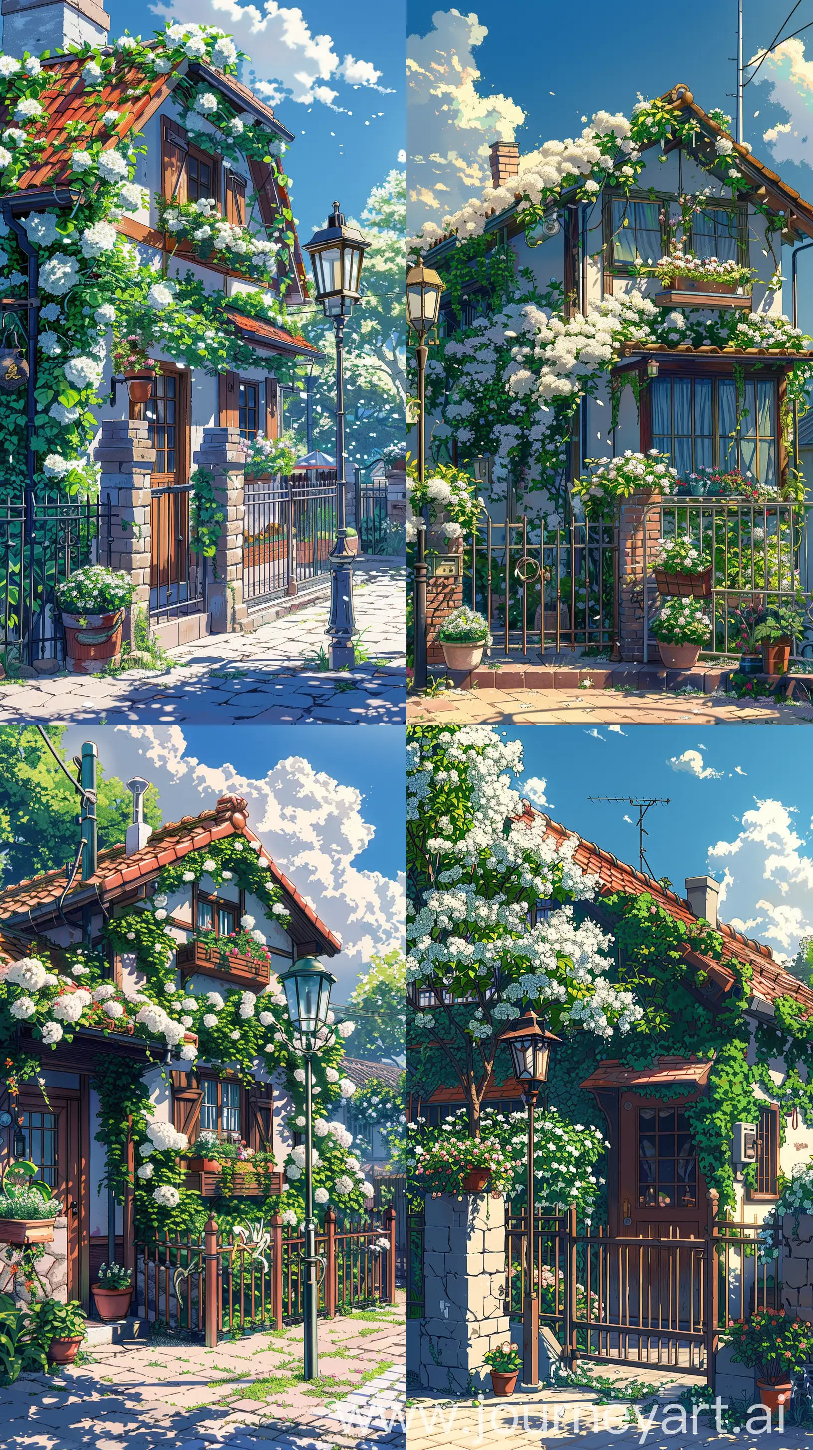 Anime scenary, illustration, mokoto shinkai and Ghibli style mix, front facade view small house, fence, sunny day, spring time, white colour flowers, anime scenary, house decoration with flowers, flower pot, beautiful ivy and flowers decoration lamp post, High quality, HD, no hyperrealistic --ar 9:16 --s 400