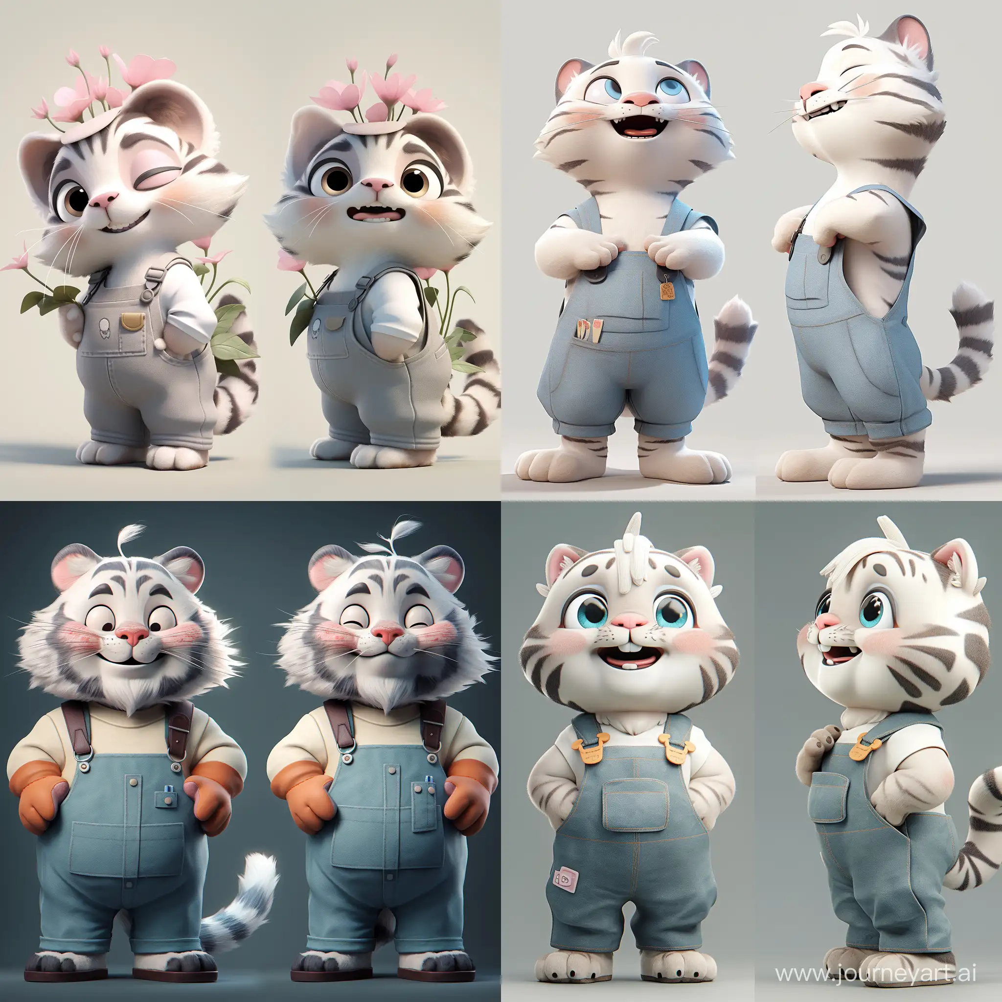 two images side by side, A cute white tiger wearing Overalls, wave to the camera, Bubble Mart style, clean and simple design, IP image, high-grade natural color matching, bright and harmonious, cute and colorful, detailed character design, behance, Shanghai style, Organic sculpture, C4D style, 3D animation style character design, cartoon realism, fun character setting, ray tracing, children‘s book illustration style --niji 5 --style expressive