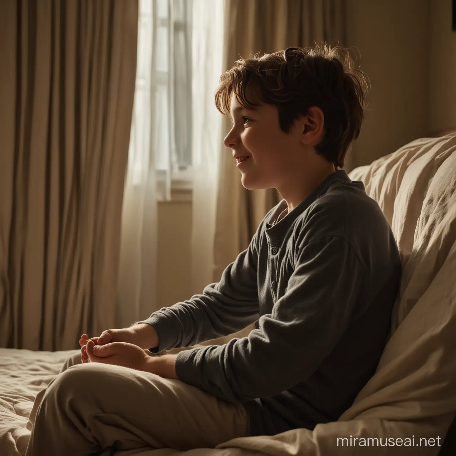 The room is dimly lit, with soft light filtering in through the curtains. Johnny, a young boy with a hopeful smile, is sitting on his bed with an empty chair next to him. He reaches out his hand towards the chair, as if holding someone's hand.