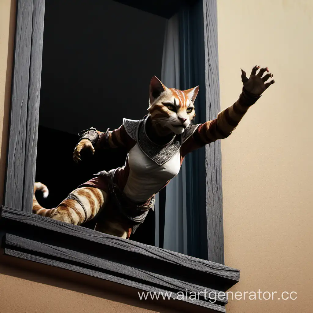 Khajiit-and-Girl-Jumping-from-Window-at-Night