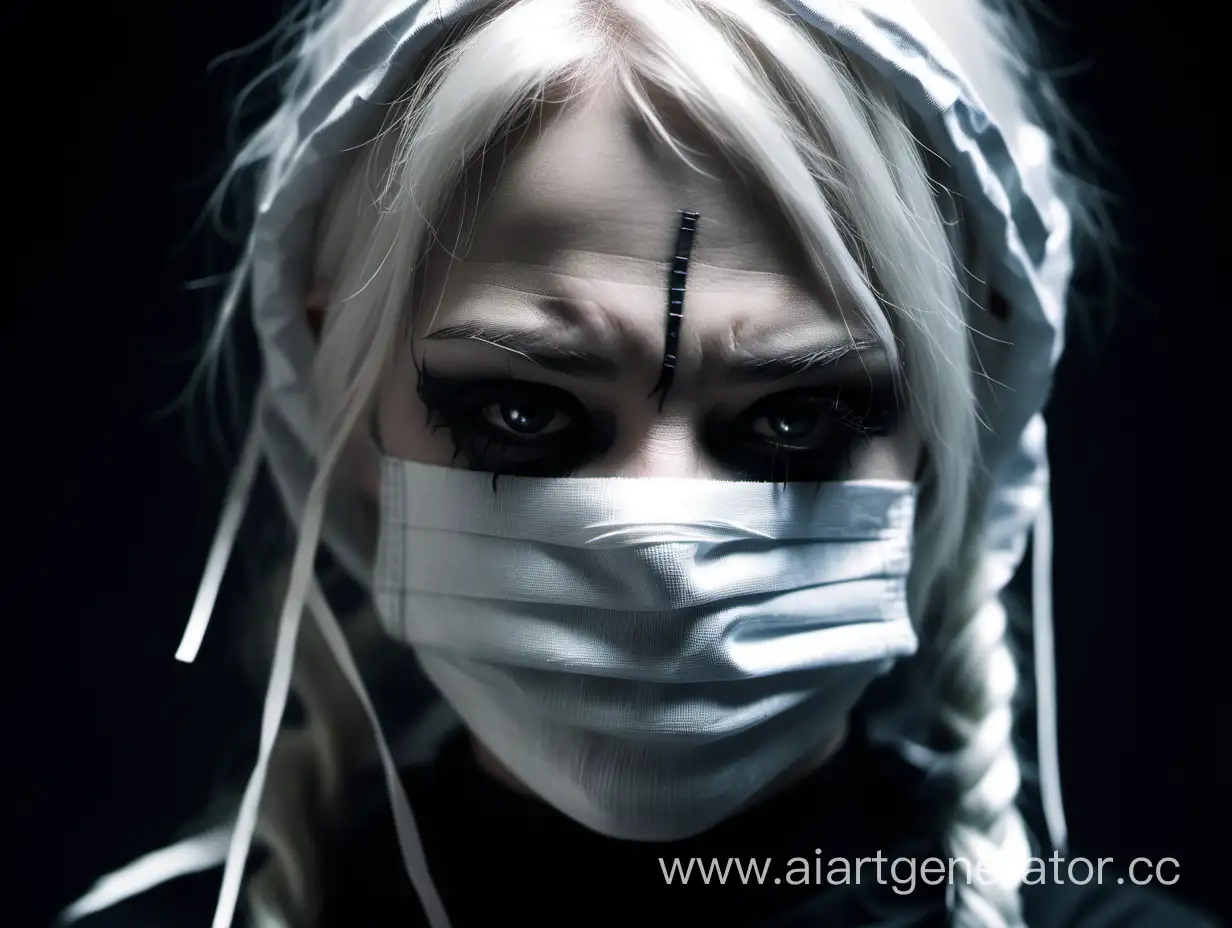 Draw me a girl l, with a mouth sewn with surgical stitches, with an empty look, with white hair, half of the face above the mouth is wrapped in bandages, dark atmosphere, without a tie, the mouth must be closed and the stitches are visible,ghotic style