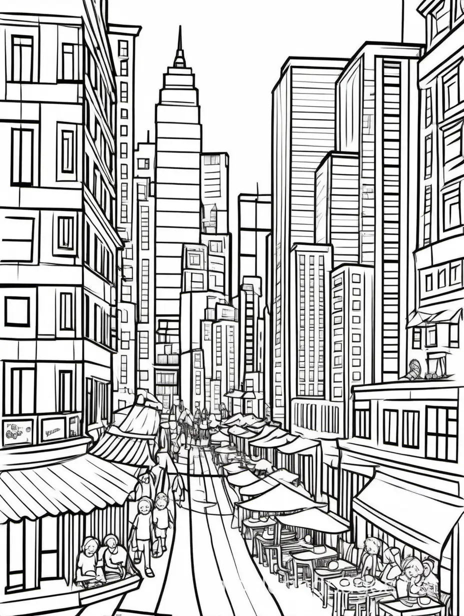 Vibrant-Cityscape-Coloring-Page-with-Skyscrapers-and-Sidewalk-Cafes