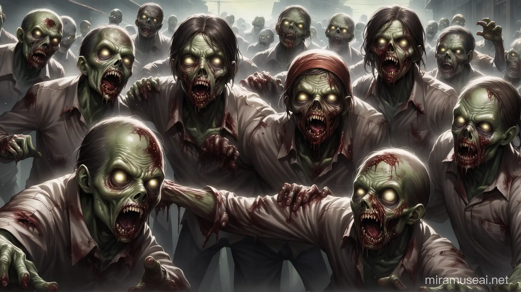 A group of zombies, reaching and grabbing, clusters of 2-3, one close to the viewer, gore, low detail