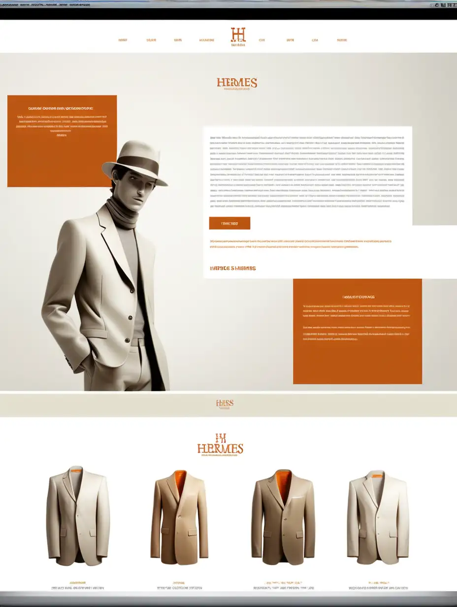 Design Brief: Homepage Design clothing  Inspired by Hermès full page

Objective: full page
Create a homepage design for Sovrantic that captures the luxurious and timeless aesthetic of Hermès while incorporating our brand identity.

Key Elements to Include:

Color Palette: Utilize a rich and warm beige tone similar to Hermès' signature color.
Minimalistic Design: Keep the design clean, elegant, and clutter-free, reflecting the sophistication associated with Hermès.
High-Quality Imagery: Incorporate high-resolution images of our premium clothing and accessories, showcasing their craftsmanship and luxury.
Brand Logo: Ensure that the Sovrantic logo is prominently displayed in a tasteful manner.
Navigation: Design a user-friendly navigation menu that allows easy access to different sections of the website.
Call-to-Action: Include subtle yet effective calls-to-action that encourage visitors to explore our collections or learn more about our brand.
Typography: Choose elegant and classic fonts that complement the overall aesthetic and ensure readability.
Mobile Responsiveness: Ensure that the design is responsive and looks great on various devices, including desktops, tablets, and smartphones.
Additional Guidelines:

Avoid overcrowding the homepage with unnecessary elements.
Prioritize visual appeal and user experience.
Strive for a balance between simplicity and sophistication.
Incorporate subtle nods to Hermès' design language while maintaining Sovrantic's unique identity.
Deliverables:

Homepage design mockup in PSD or Sketch format.
High-fidelity visual assets showcasing different sections of the homepage.
Brief explanation of design choices and rationale.

