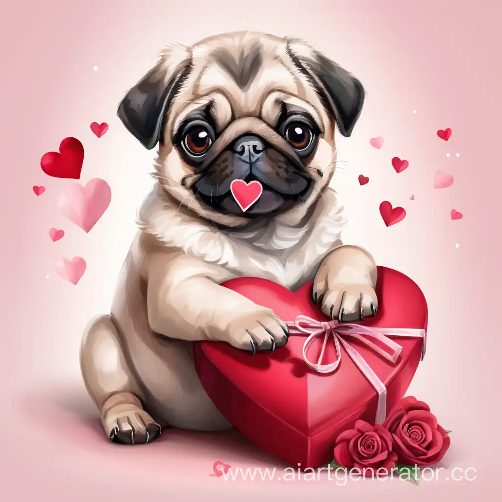 Chest portrait, cute Pug puppy, holding a Valentine in its paws, fluffy,