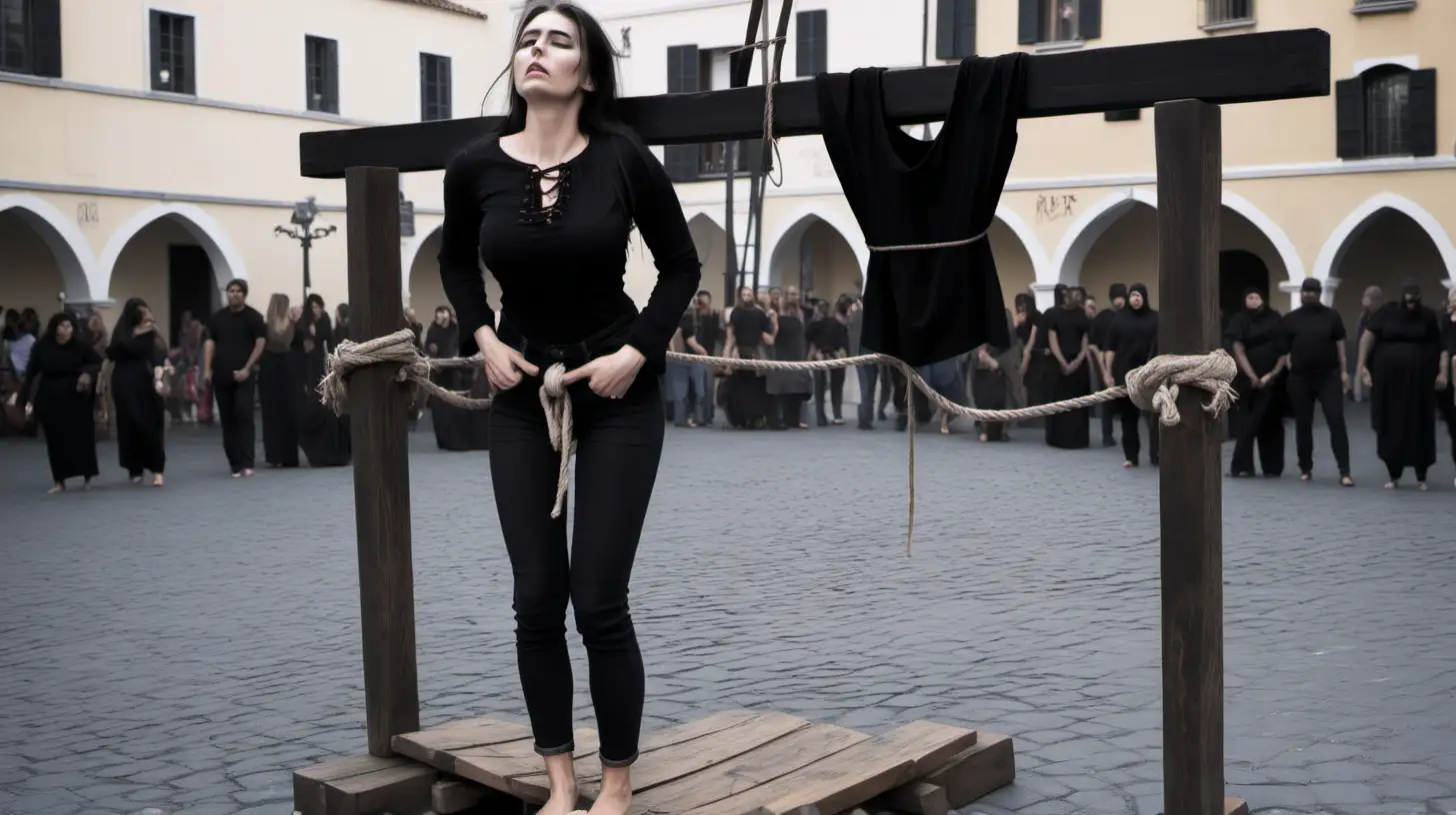 Bound Woman in Market Pillory Emotional Scene with Restrained Woman