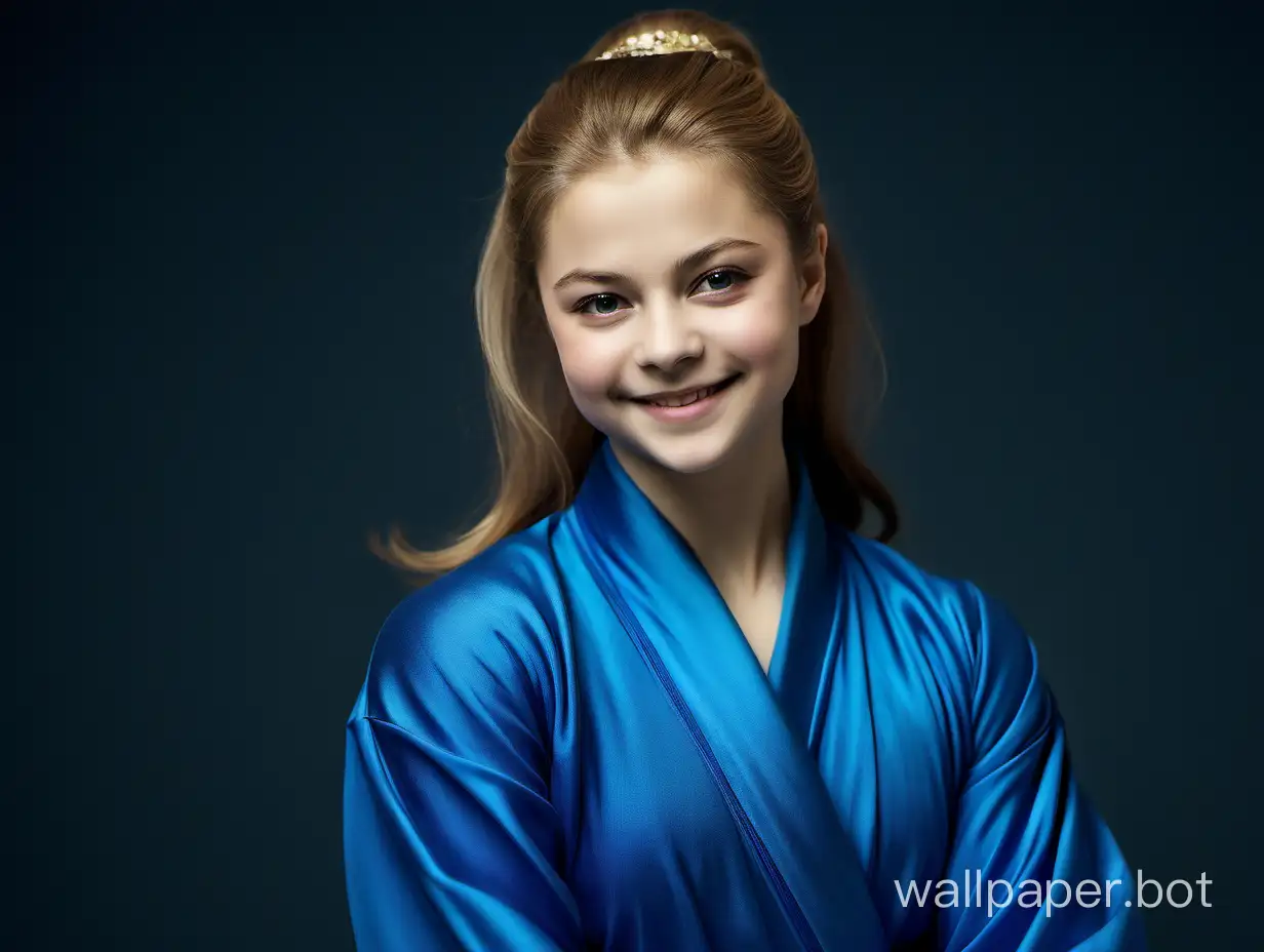 Yulia Lipnitskaya smiles in a blue silk robe