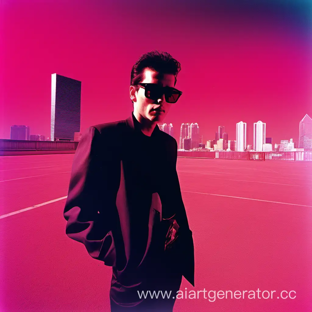 a man in a black jacket and red sunglasses, an album cover by Minerva J. Chapman, instagram contest winner, excessivism, retrowave, synthwave, photo taken with ektachrome