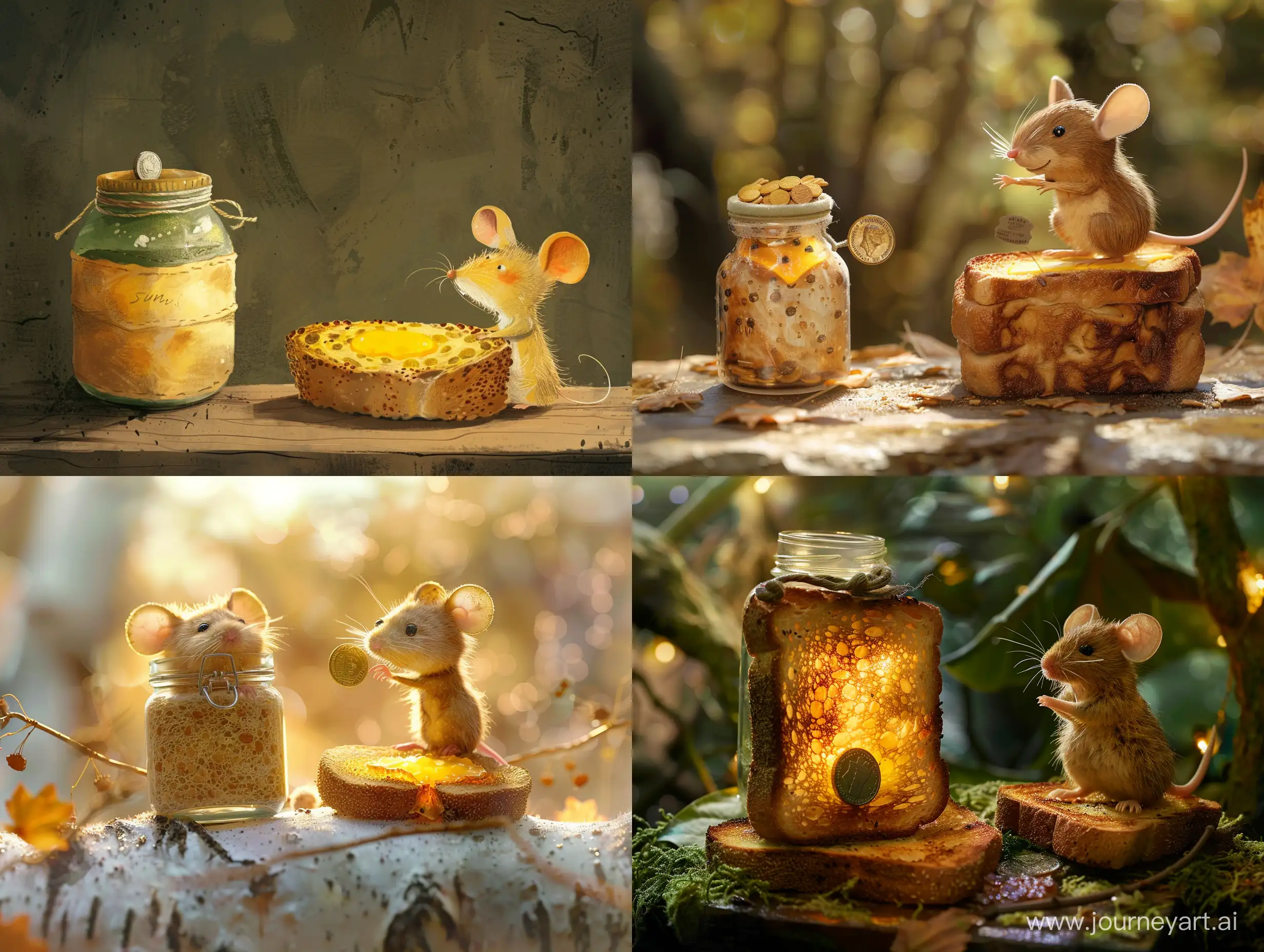 Artistic-Composition-Coin-on-Toast-with-Jar-and-Mouse