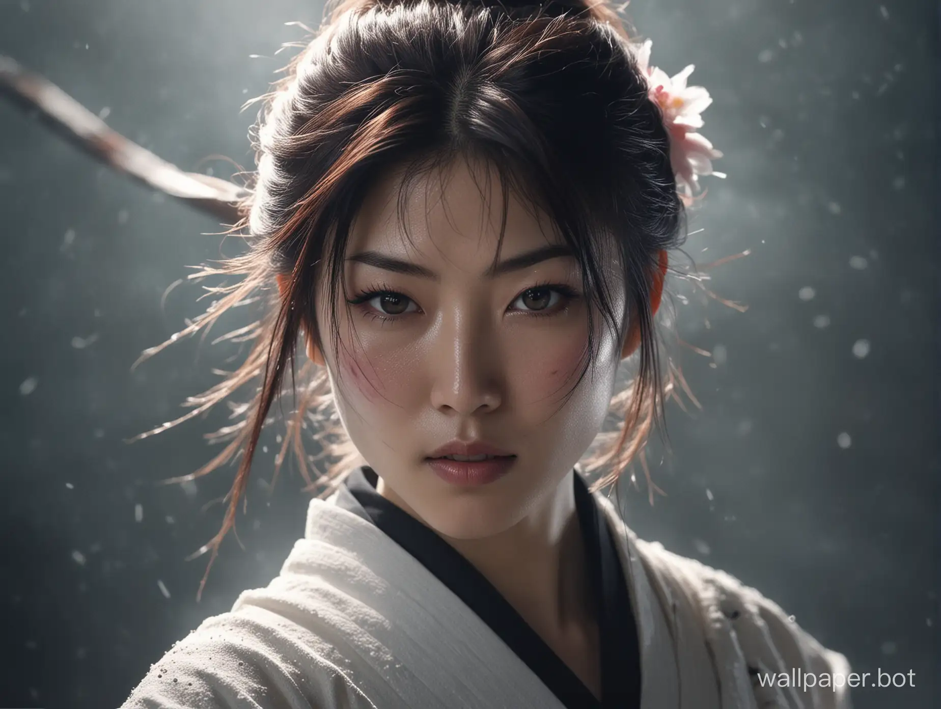 portrait of a kunoichi with face koyuki kato, white skins. cinematic. hdr lightning, bloom lightning,